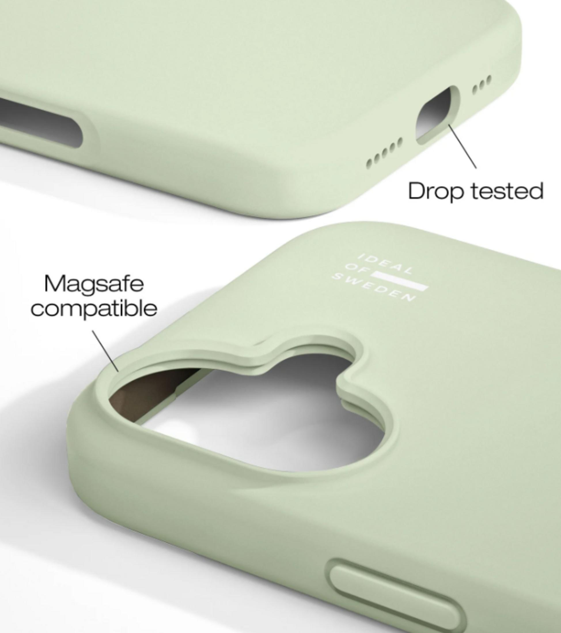 Hellgrüne Handyhülle mit "Ideal of Sweden" Logo und "MagSafe kompatibel" Aufdruck.