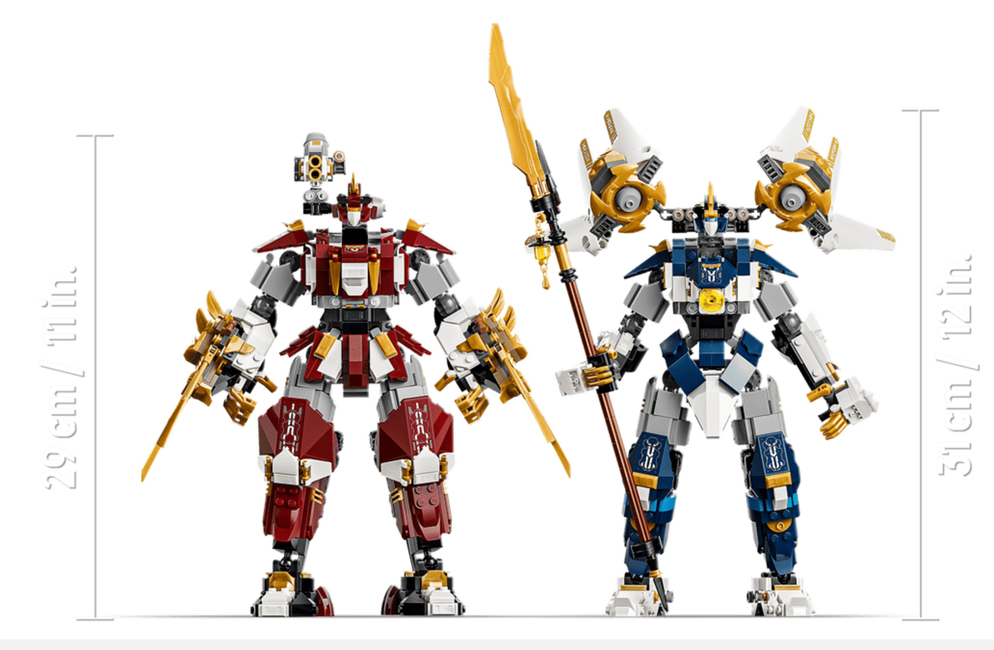 Dos mechs de Lego, uno rojo y blanco, otro azul y blanco, con armas.