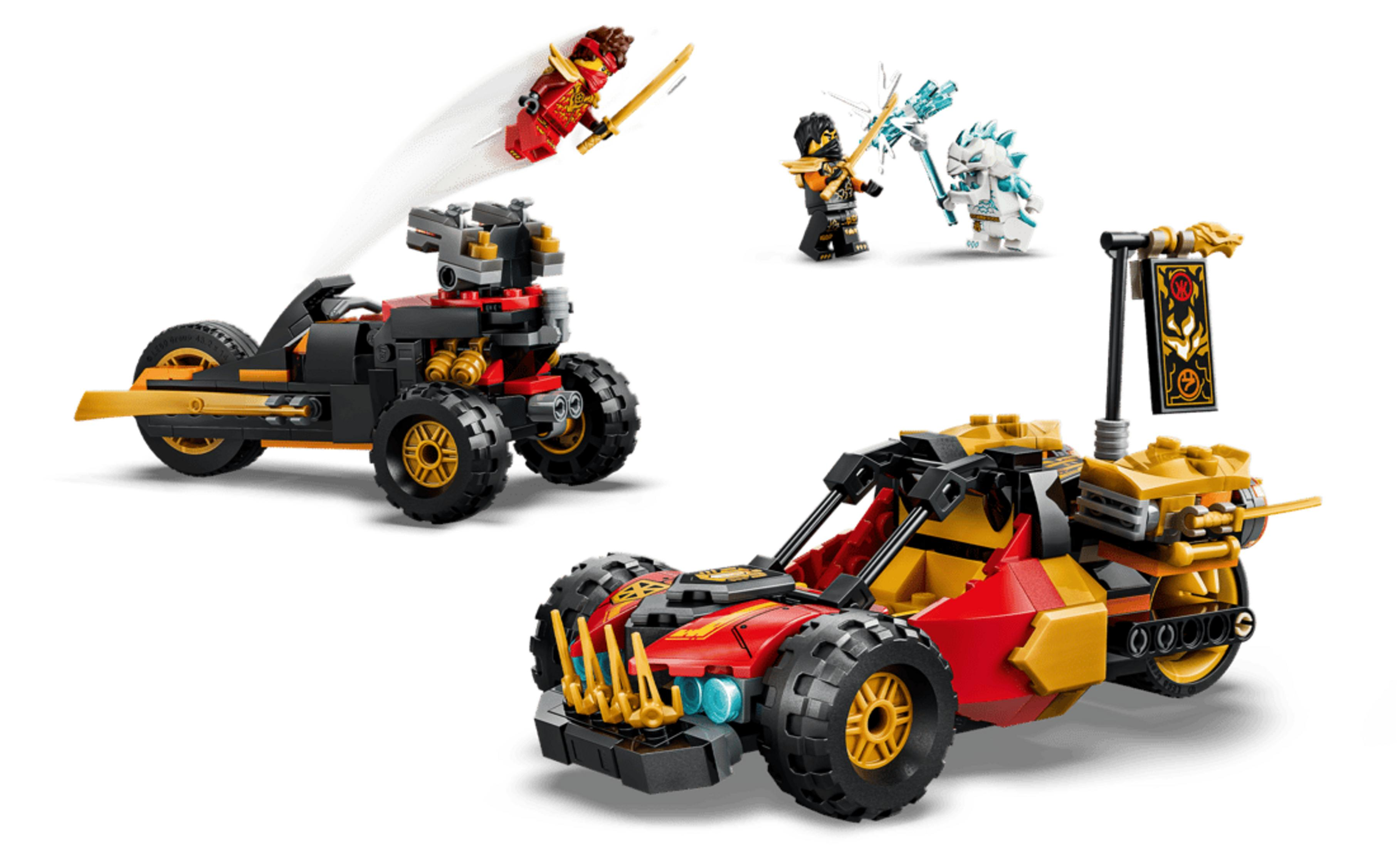 Ninja de Lego luchando con vehículos y una bandera. Ninja rojo en moto, ninja negro vs criatura de hielo.