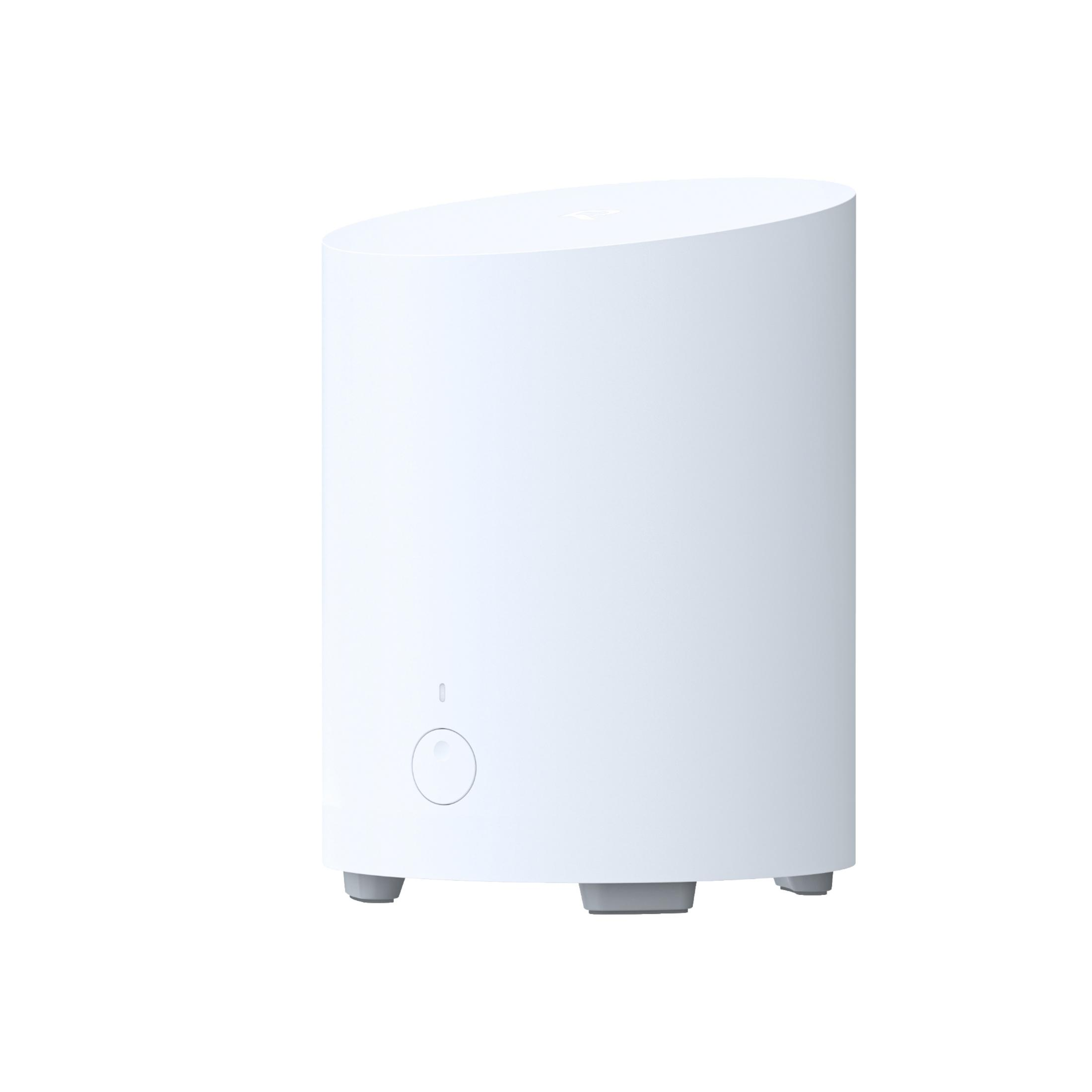 Un umidificatore bianco e cilindrico con un pulsante sul davanti.