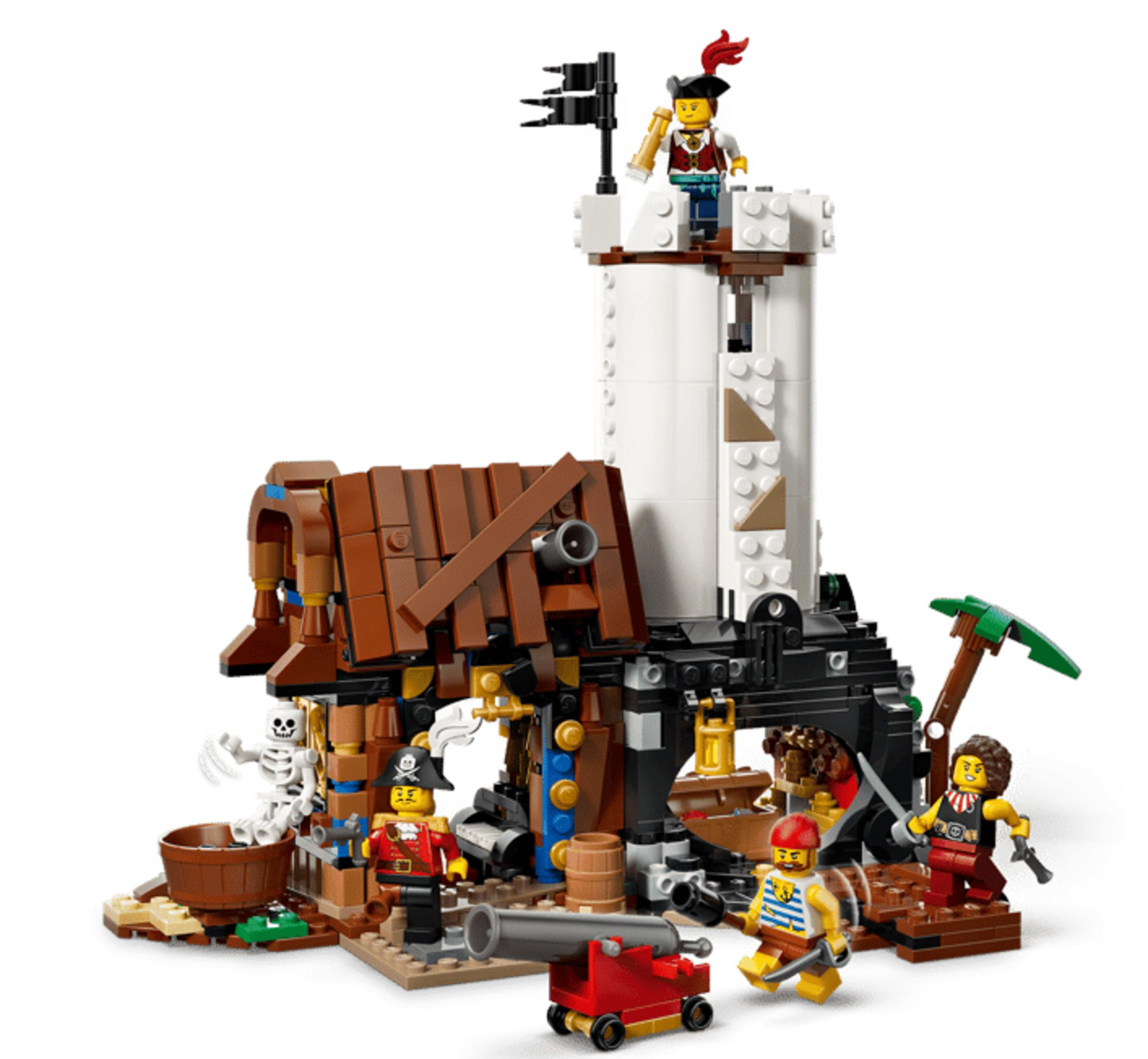 Fortaleza pirata LEGO con figuras, cañón, esqueleto y banderas.