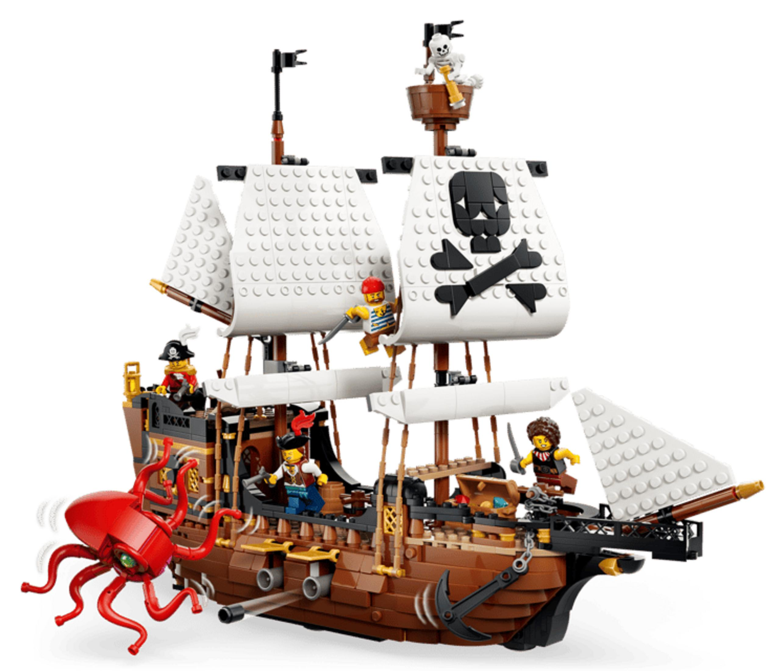 Un lego pulpo rojo ataca un barco pirata con velas blancas y calavera.