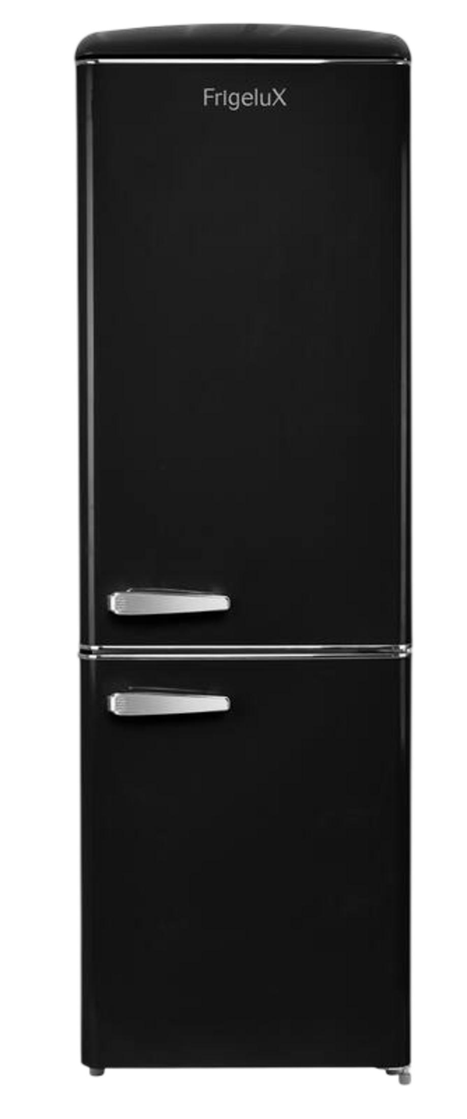 Ein schwarzer Kühlschrank mit silbernen Griffen und dem FrigeluX-Logo.