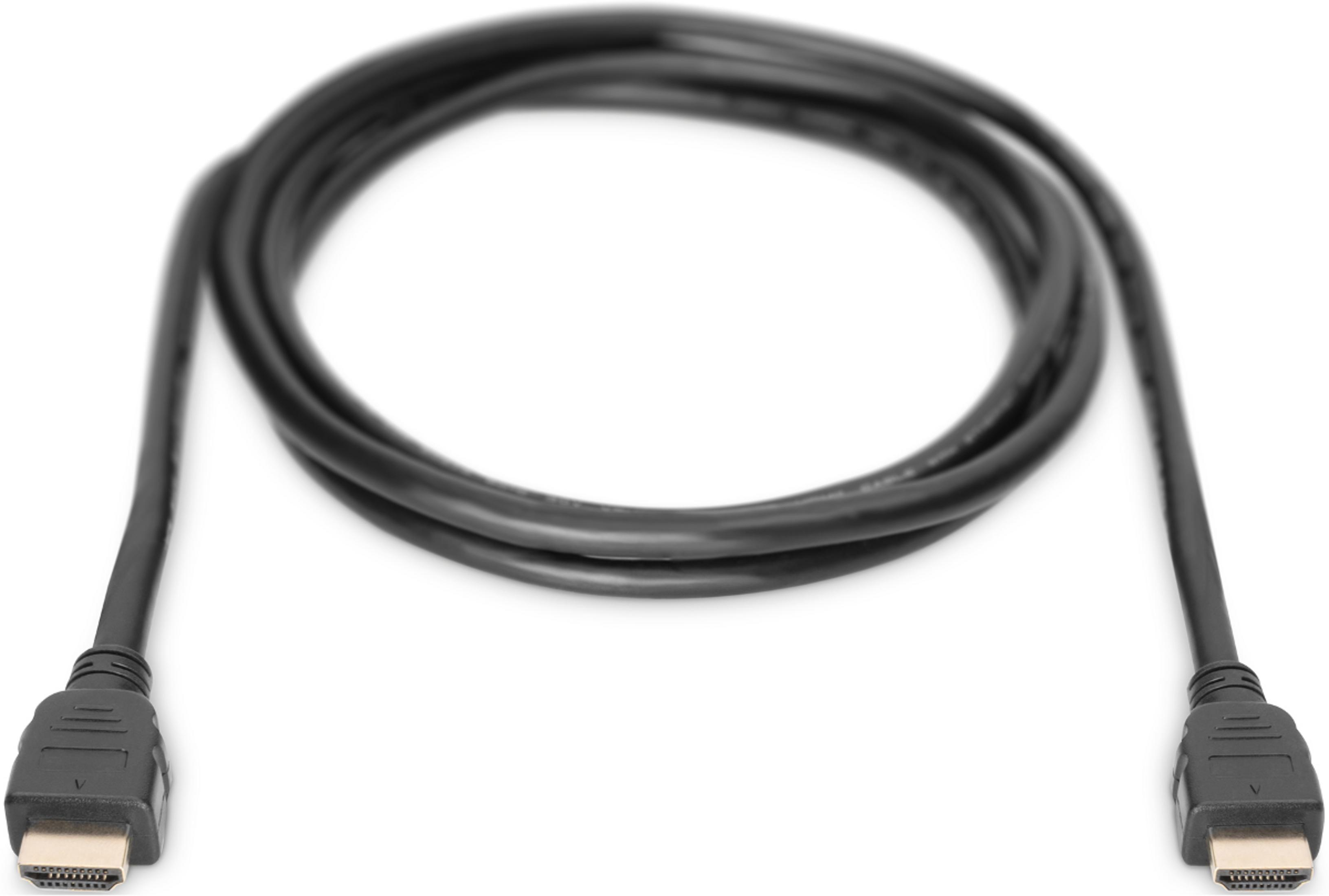 Un cavo HDMI nero con connettori su entrambe le estremità, su sfondo bianco.
