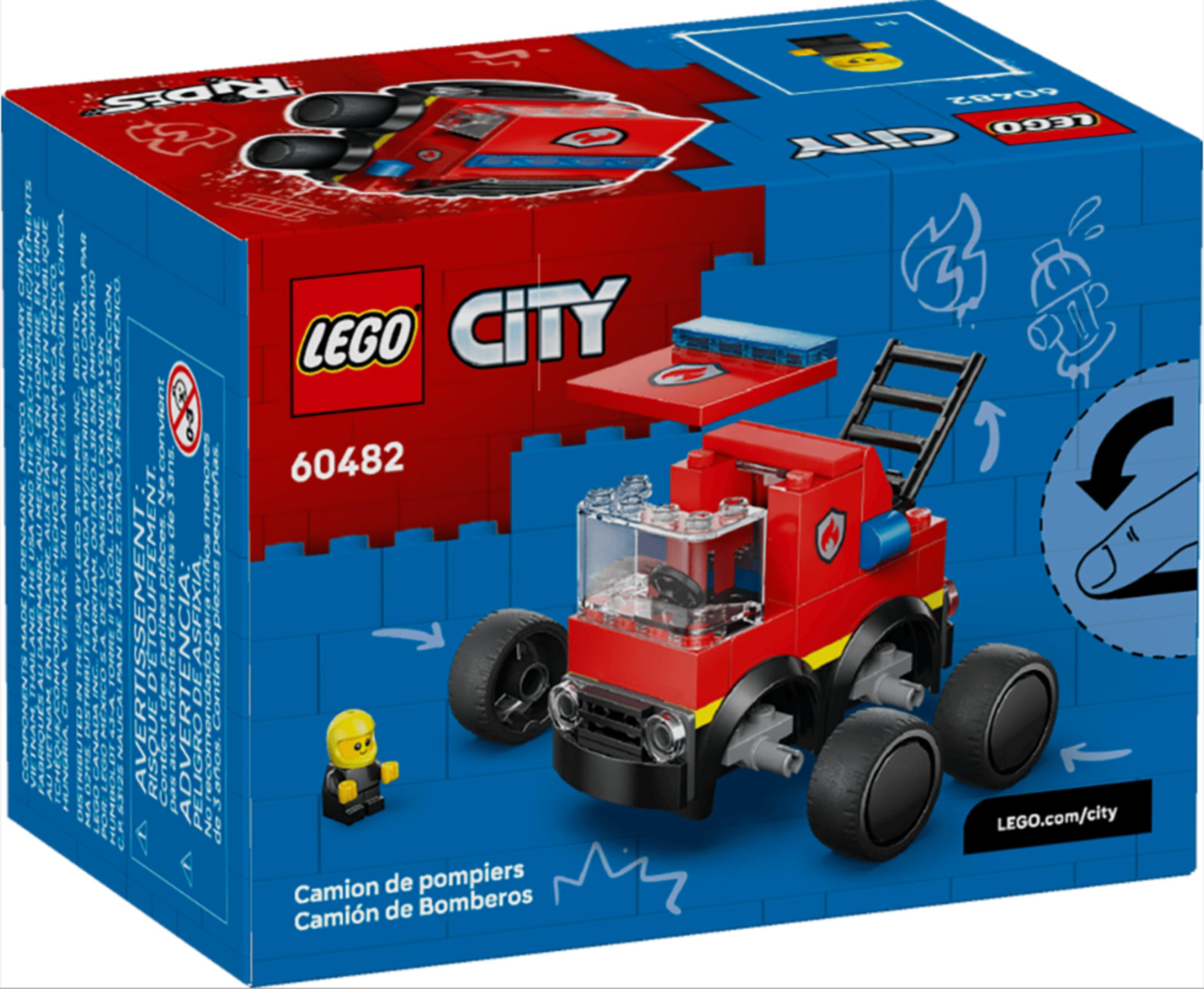 Embalaje de un camión de bomberos Lego rojo con una minifigura y pegatinas.