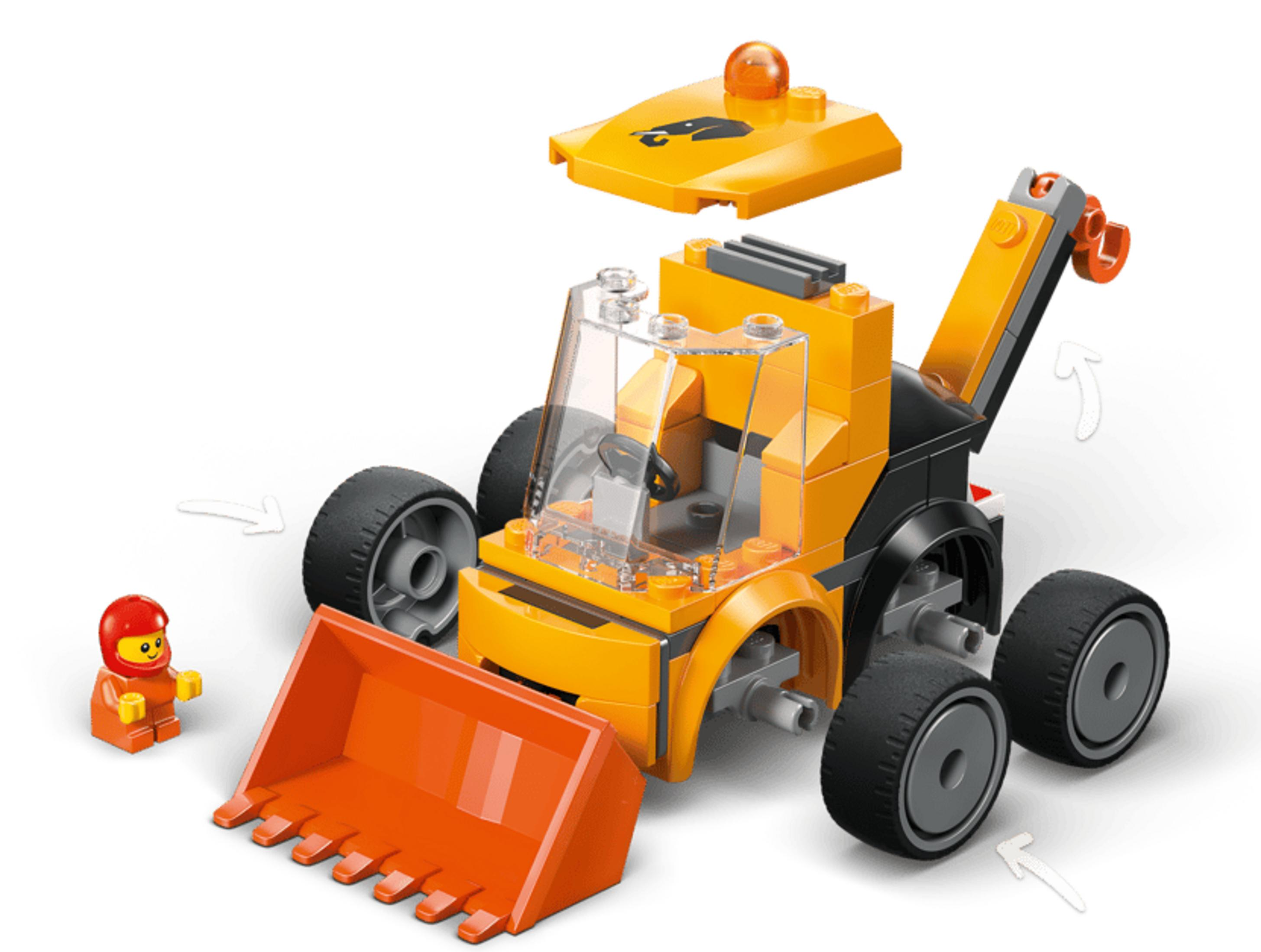 Un escavatore Lego arancione e nero con conducente e benna separati.