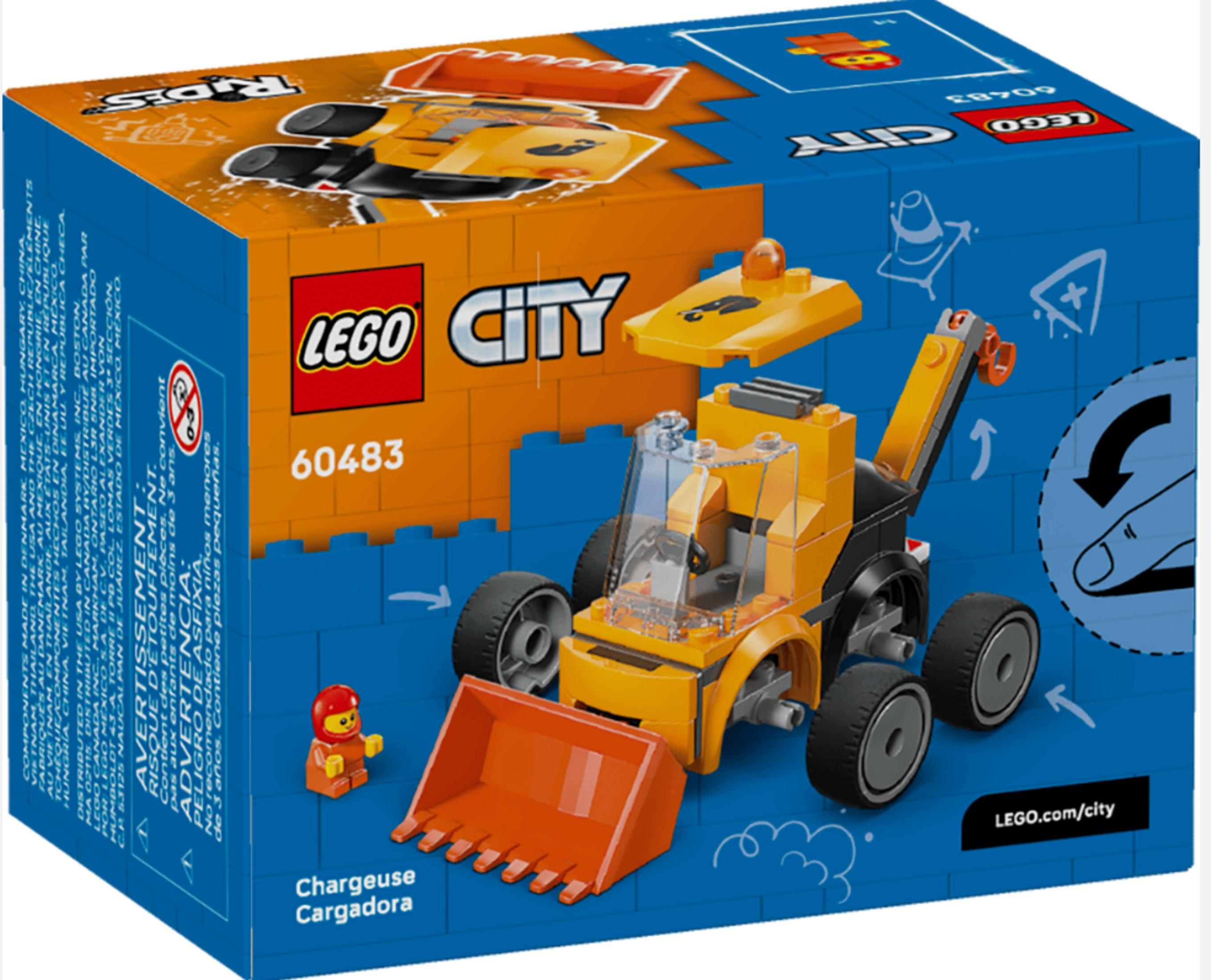 Scatola LEGO City con giocattolo caricatore giallo e minifigure. Modello 60483.