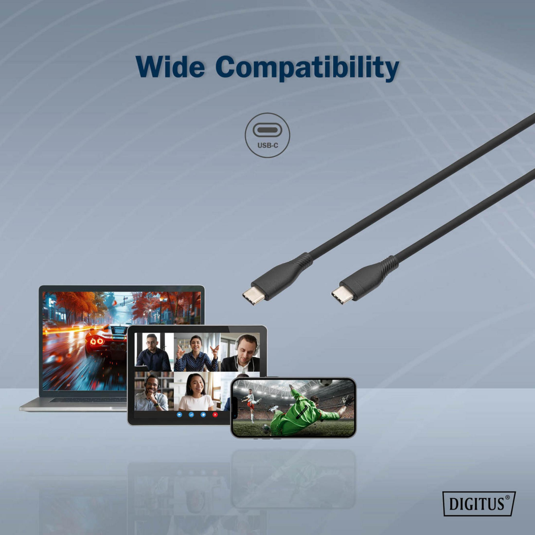Cavi USB-C con laptop, tablet e smartphone che mostrano videochiamate e giochi.