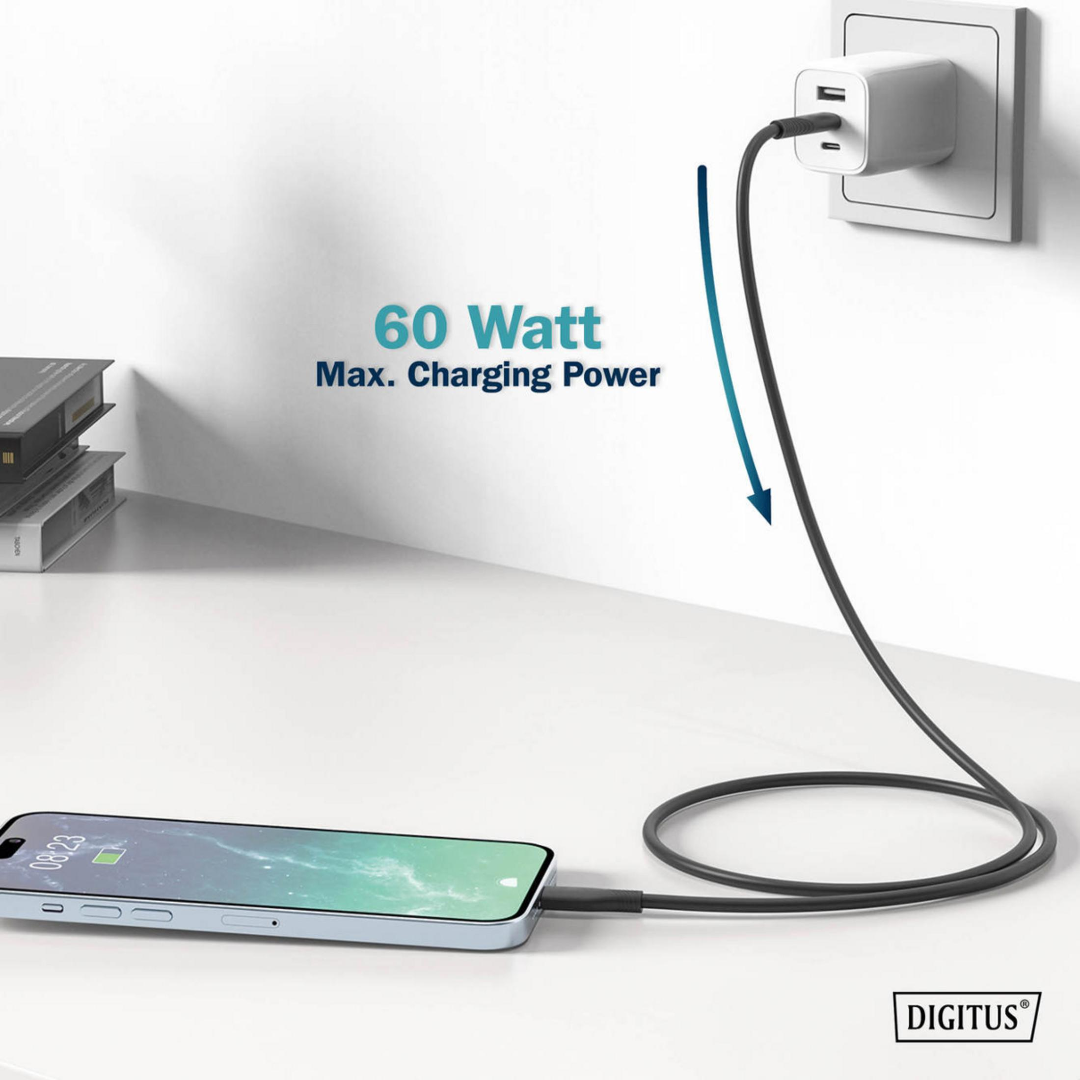 Uno smartphone è collegato tramite un cavo nero a un alimentatore bianco inserito in una presa a muro.
