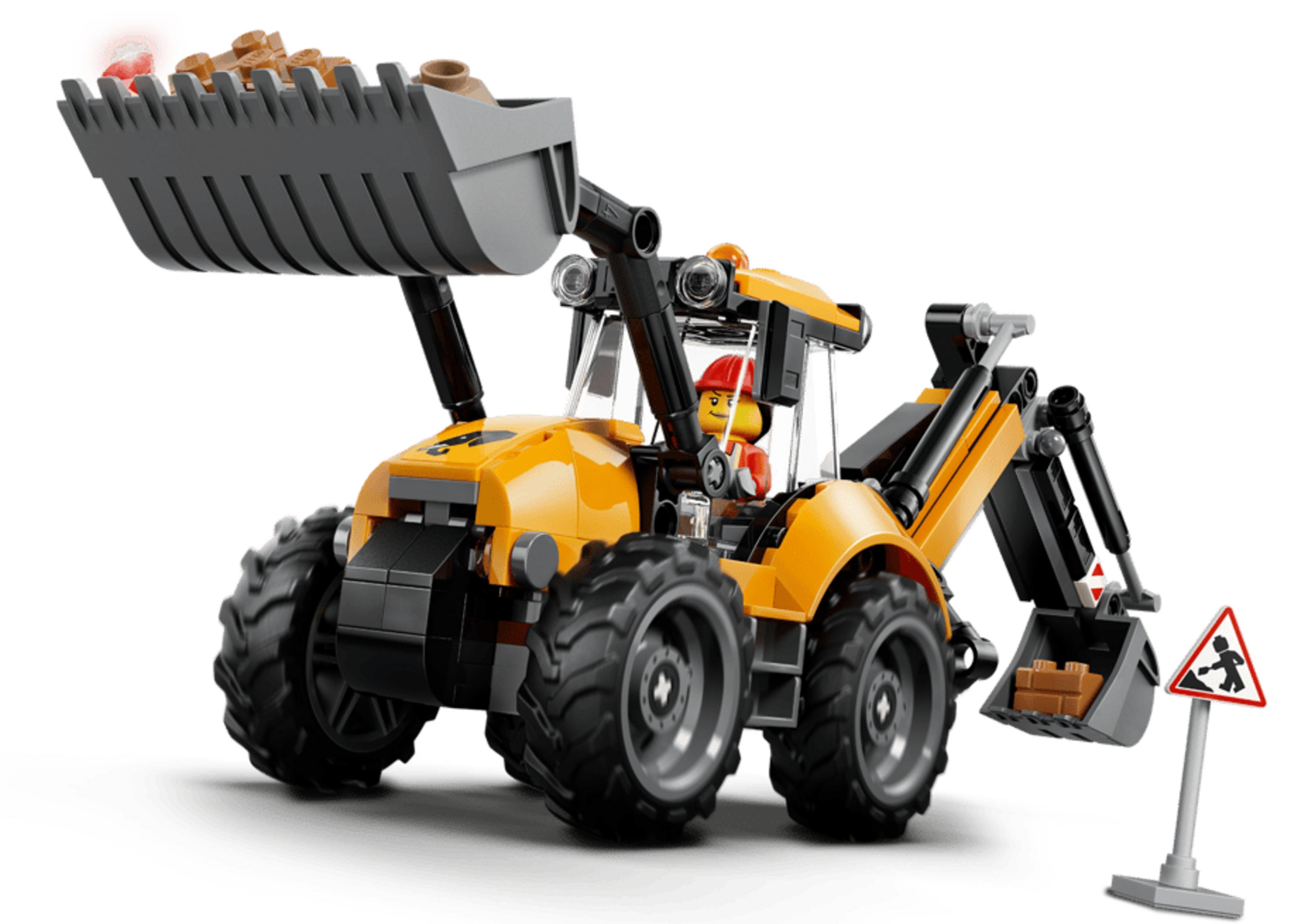Una retroexcavadora Lego amarilla con conductor y cubo lleno.