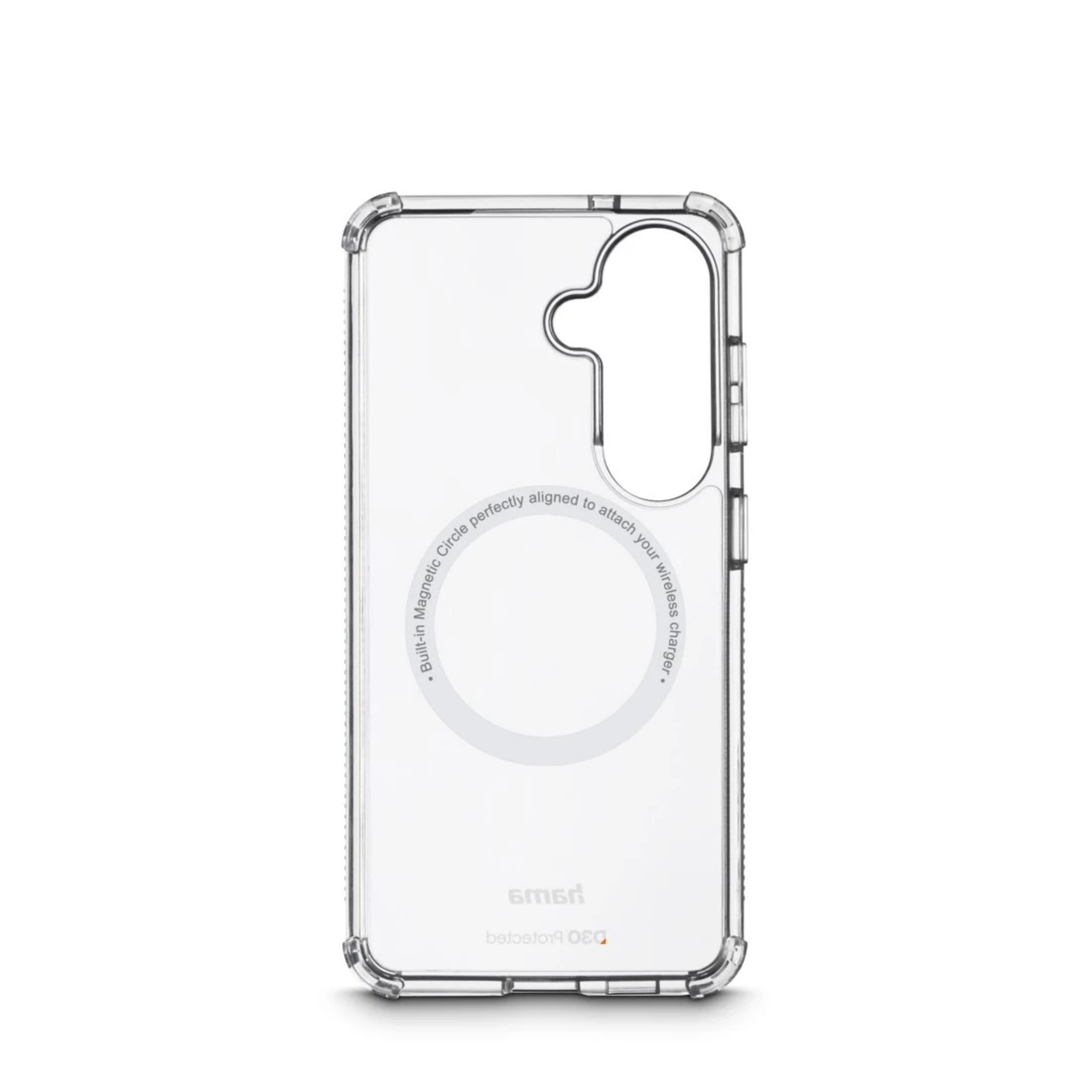 Custodia trasparente per telefono con cerchio magnetico per ricarica wireless.