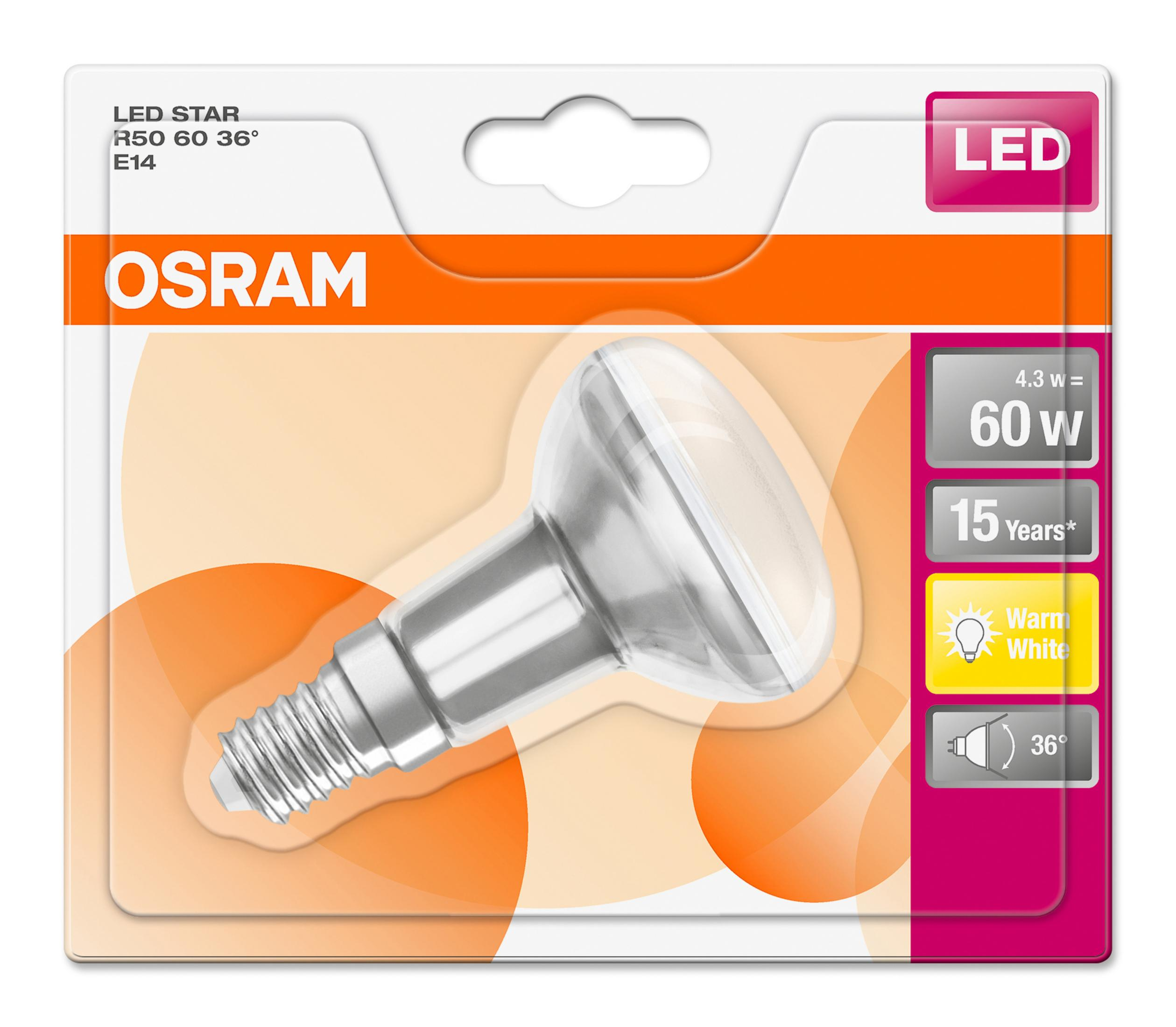 Bombilla LED OSRAM, R50, 4,3W equivale a 60W, 15 años, Blanco Cálido, 36°.