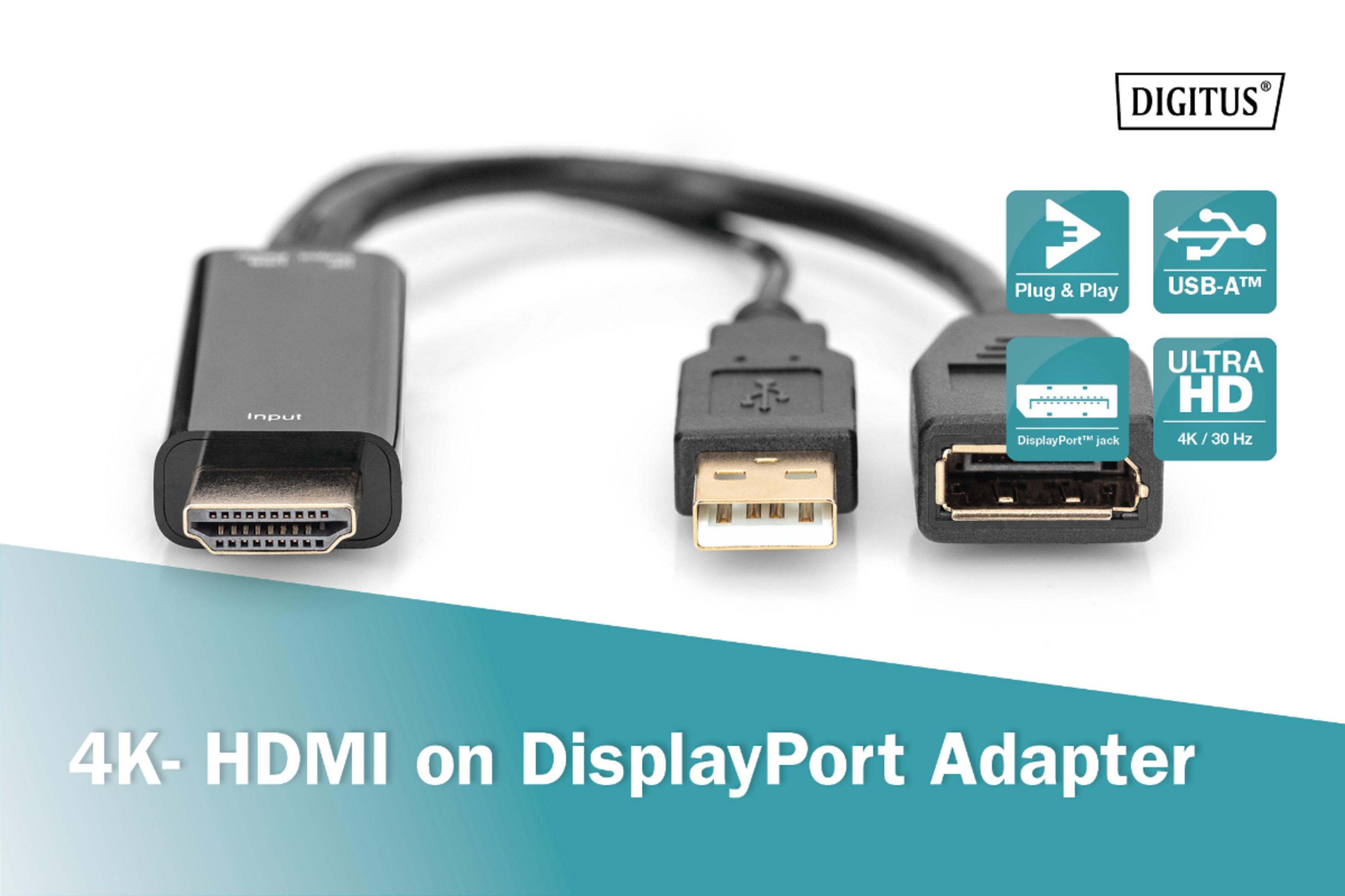 Un adaptador HDMI a DisplayPort 4K con conexión USB-A.