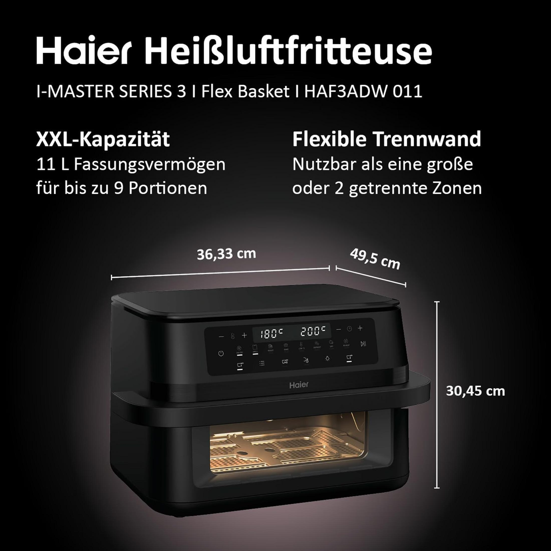 Schwarze Haier Heißluftfritteuse mit Maßen und Funktionen.