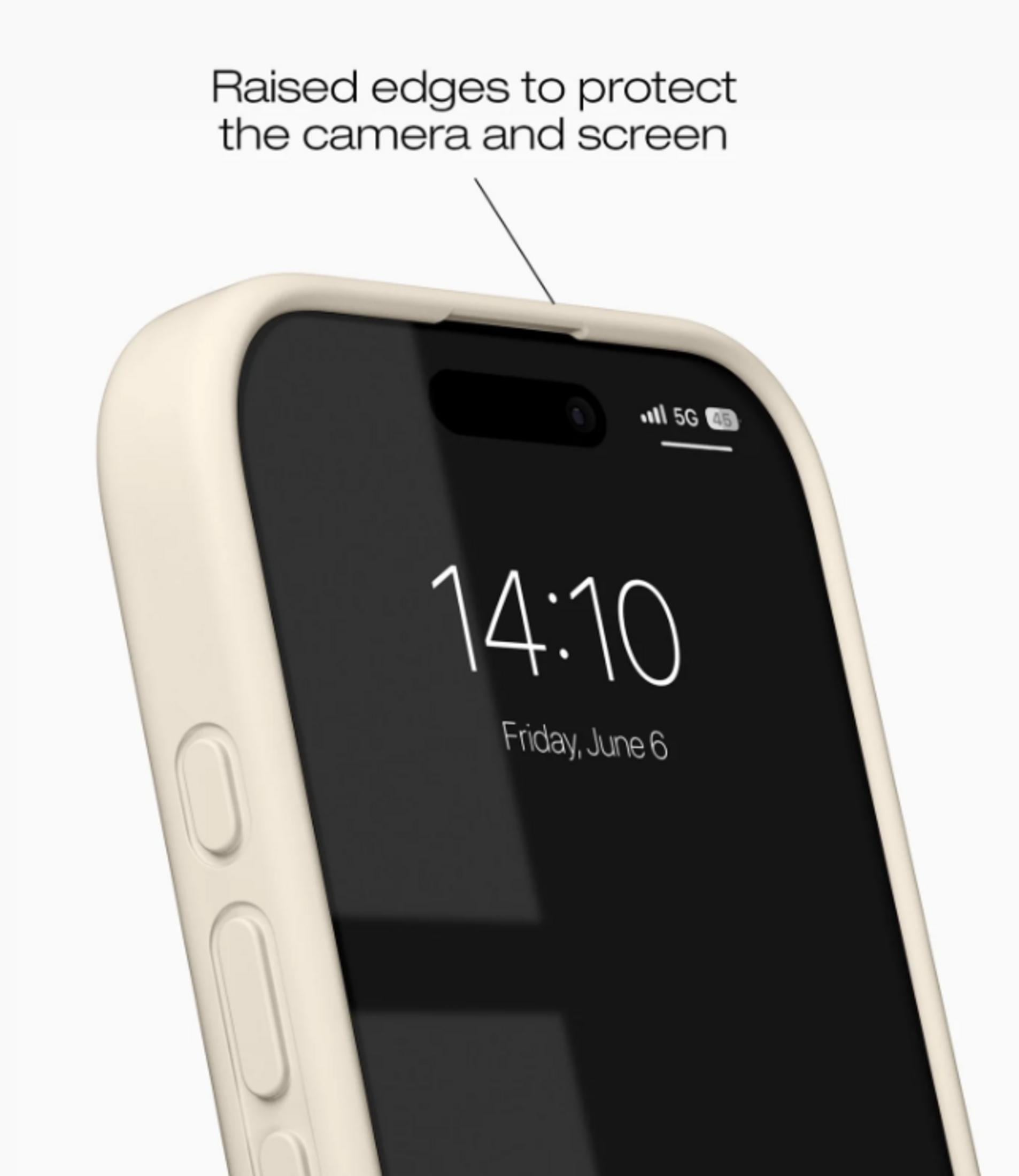 Ein hellbeige Hülle schützt ein iPhone mit schwarzem Bildschirm. Angezeigt wird 14:10.