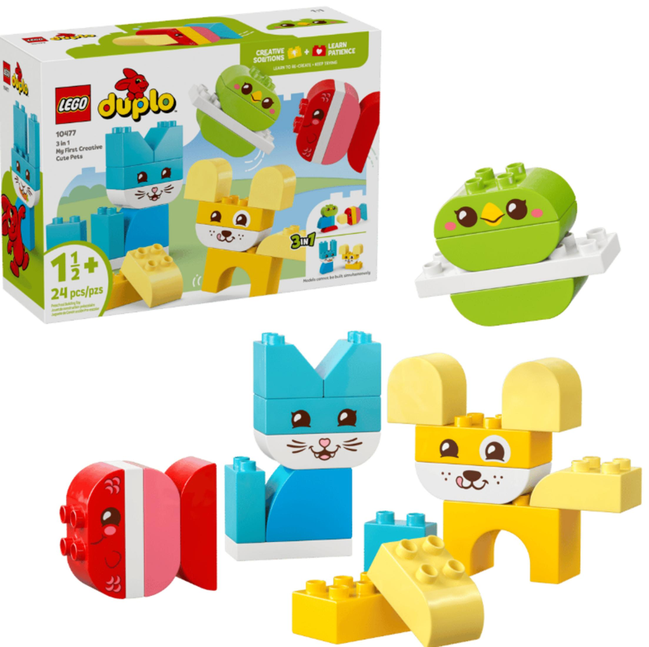 Scatola di giocattoli LEGO Duplo con figure di animali in blocchi.