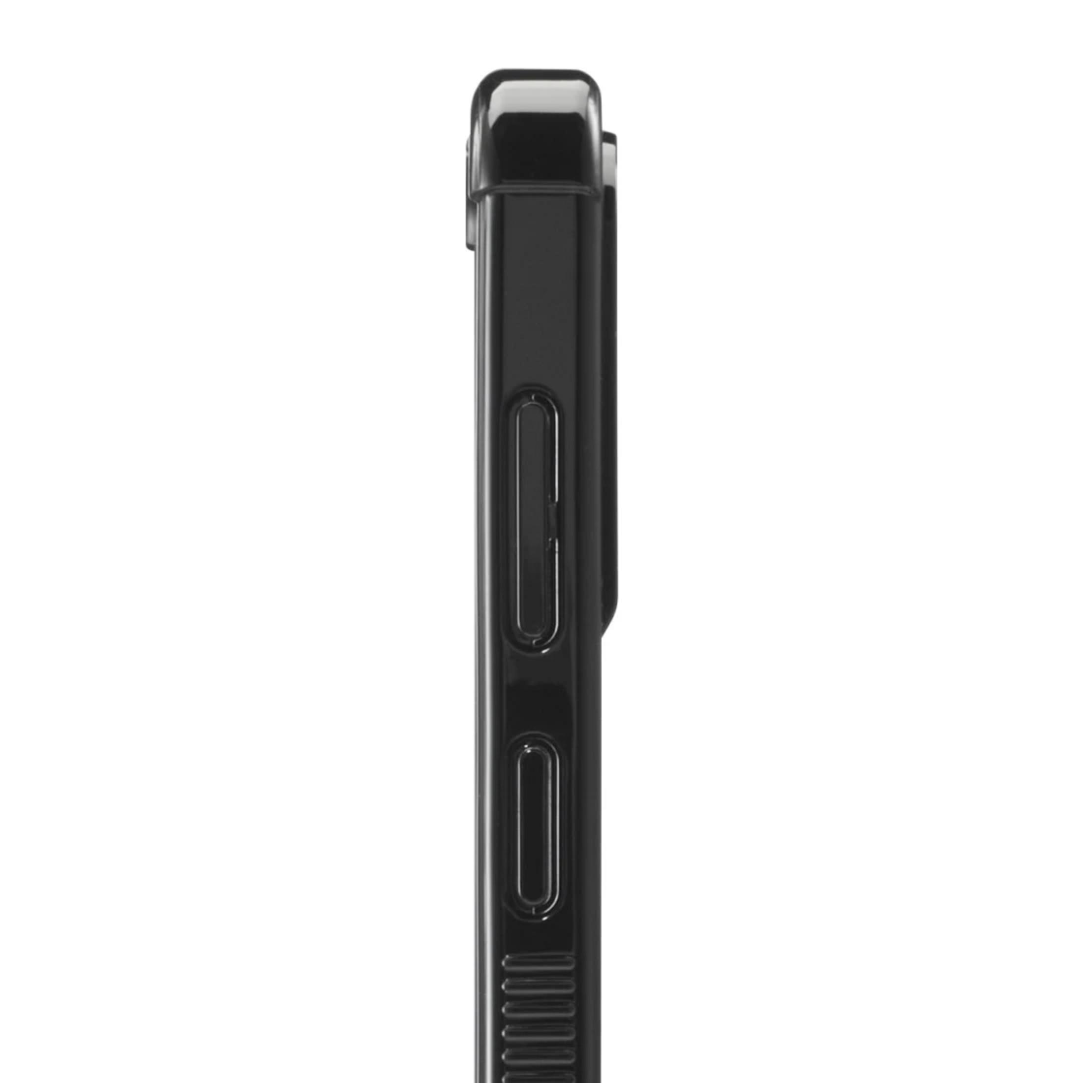 Detailansicht der linken Seite eines schwarzen Smartphones mit Tasten.