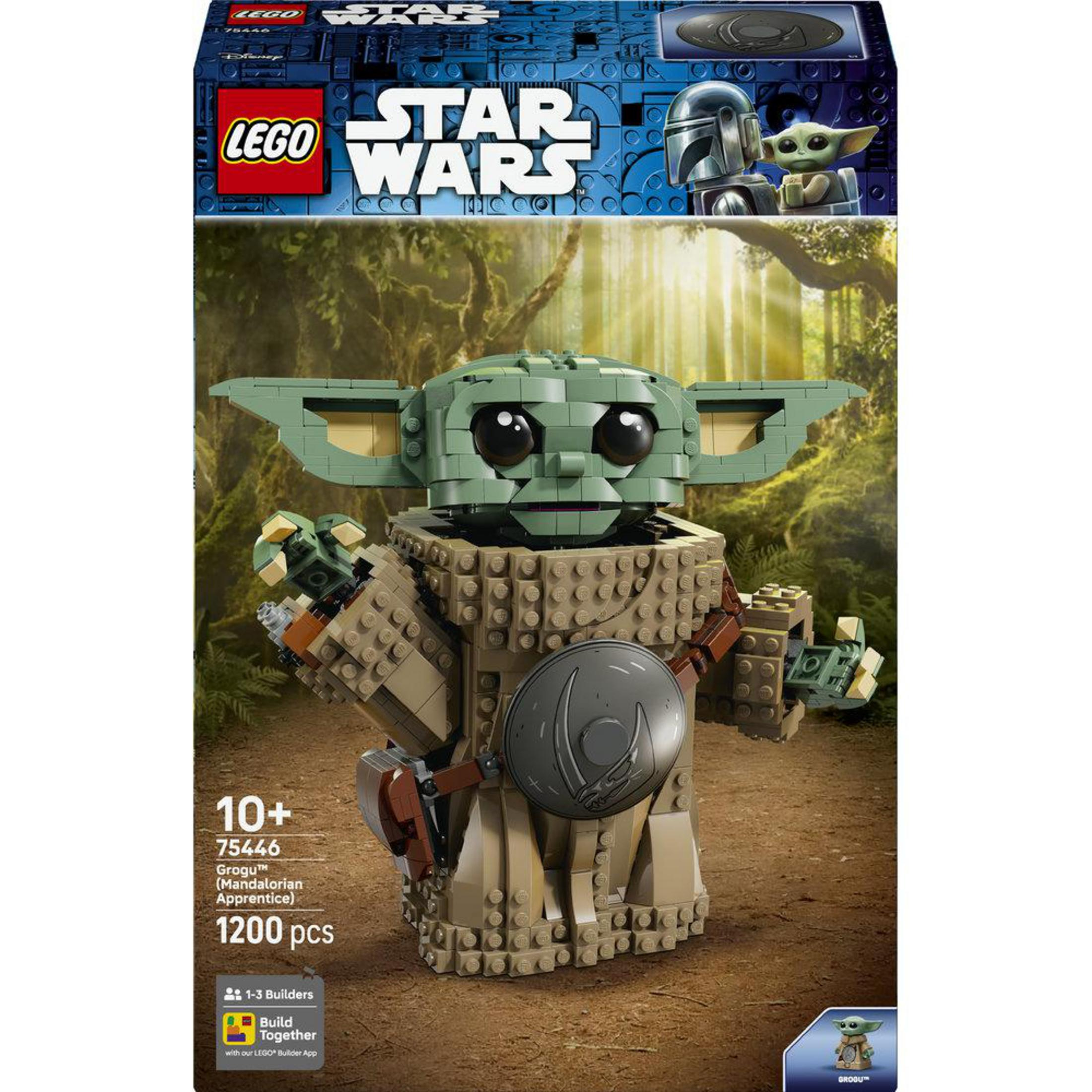 Set de LEGO Star Wars con Grogu (1200 piezas) sobre fondo boscoso.