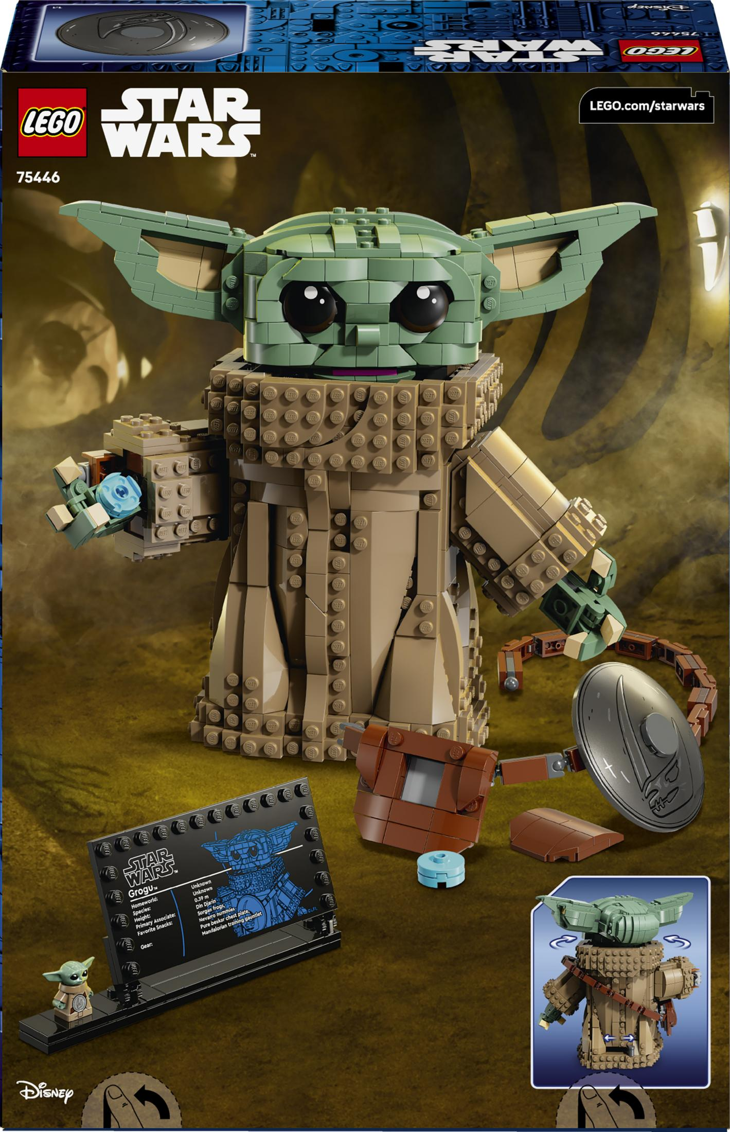Recreación de Lego de Grogu de Star Wars con accesorios y pantalla informativa.