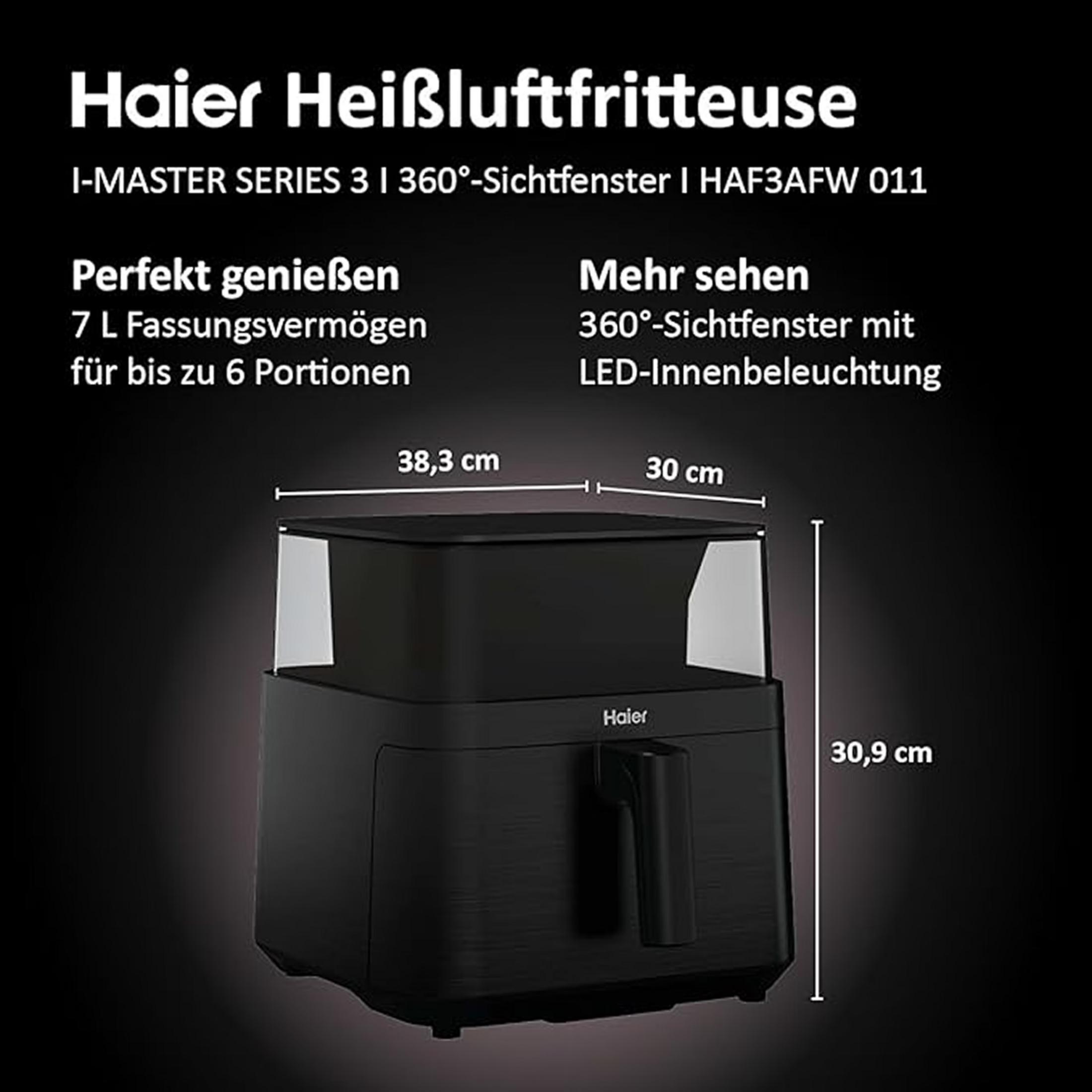 Schwarze Heißluftfritteuse von Haier mit Sichtfenster und Maßen.