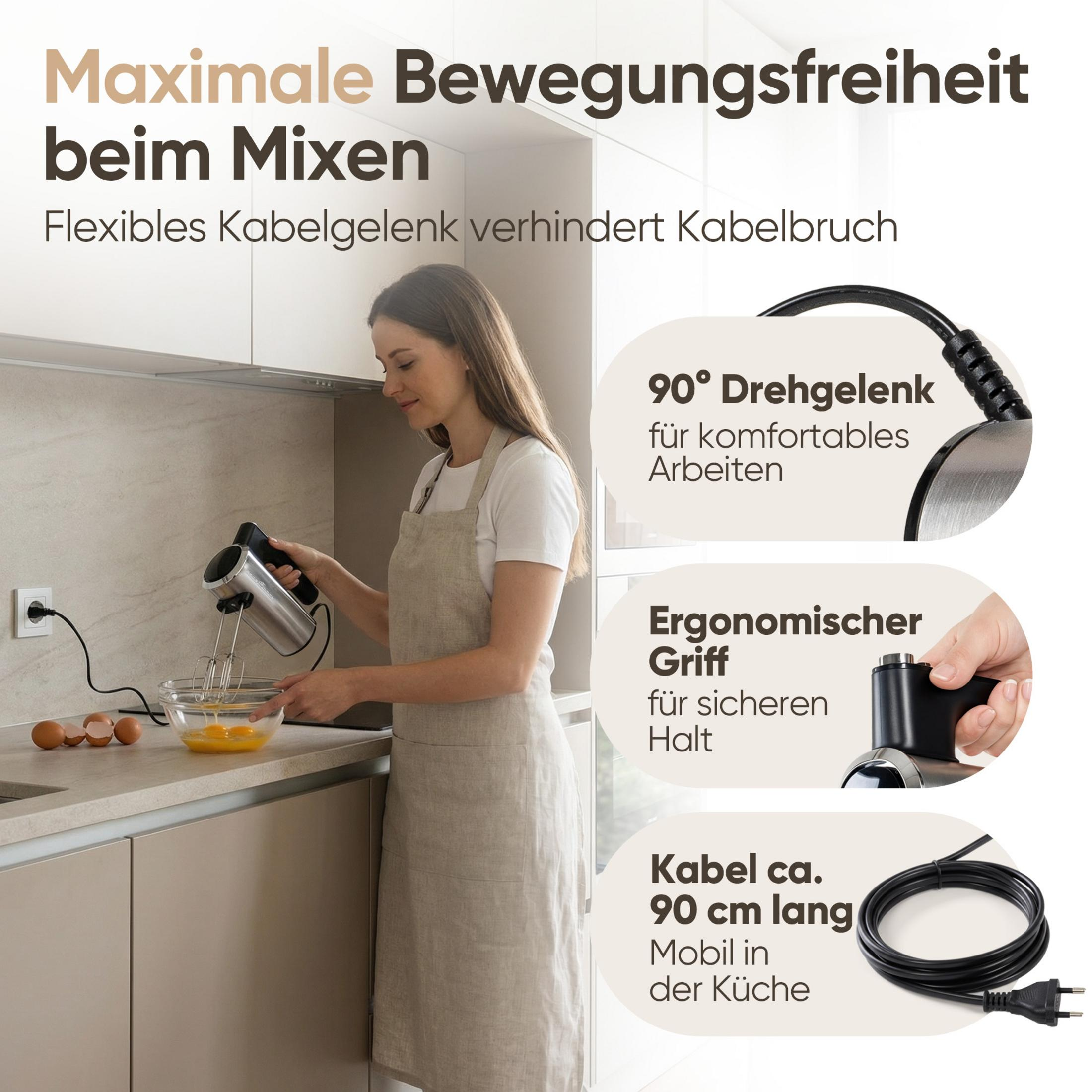 Frau mixt Eier in Schüssel. Handmixer mit Kabel, Gelenk, Griff und Kabellänge.