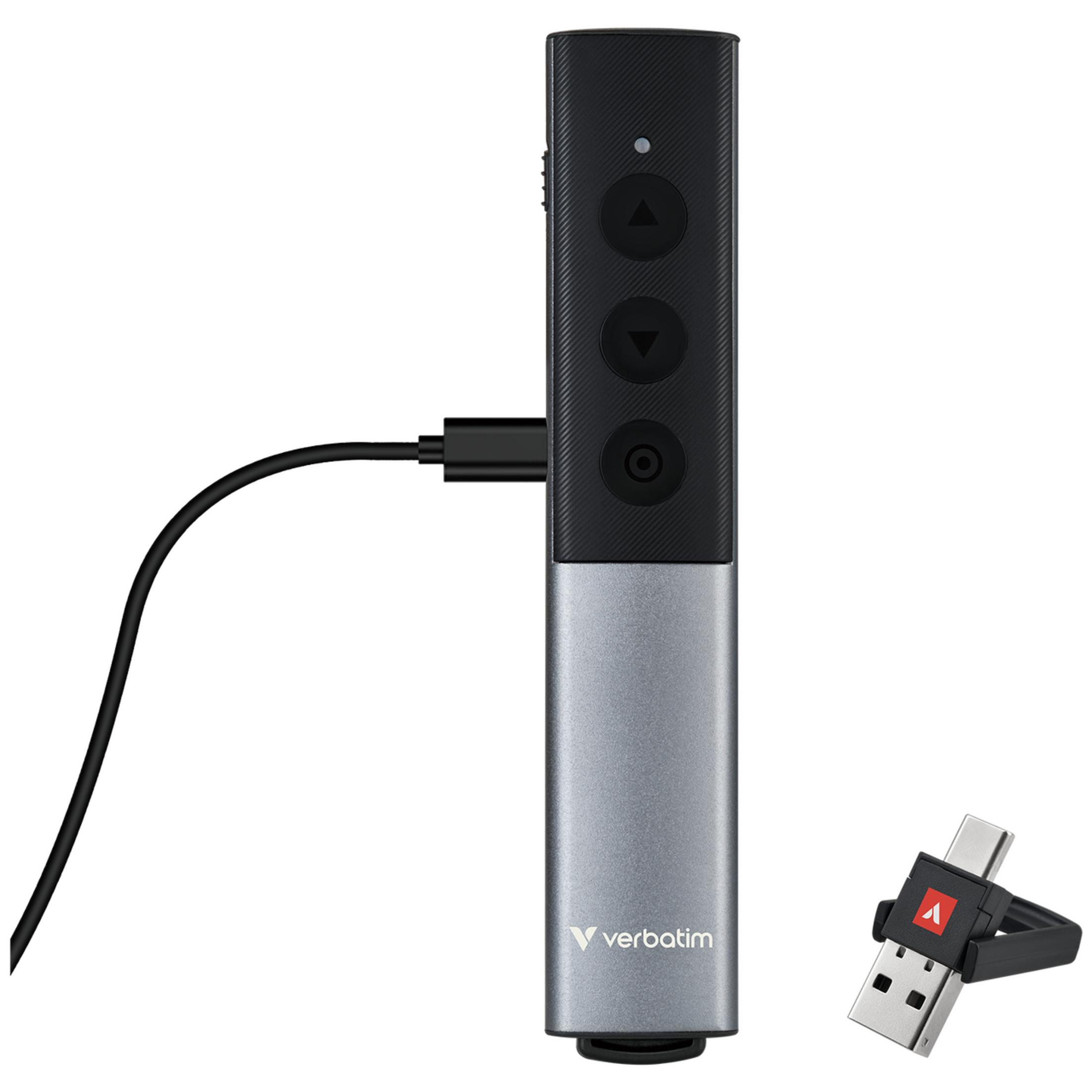 Una penna Verbatim grigia con cavo USB e un'unità USB ad anello.