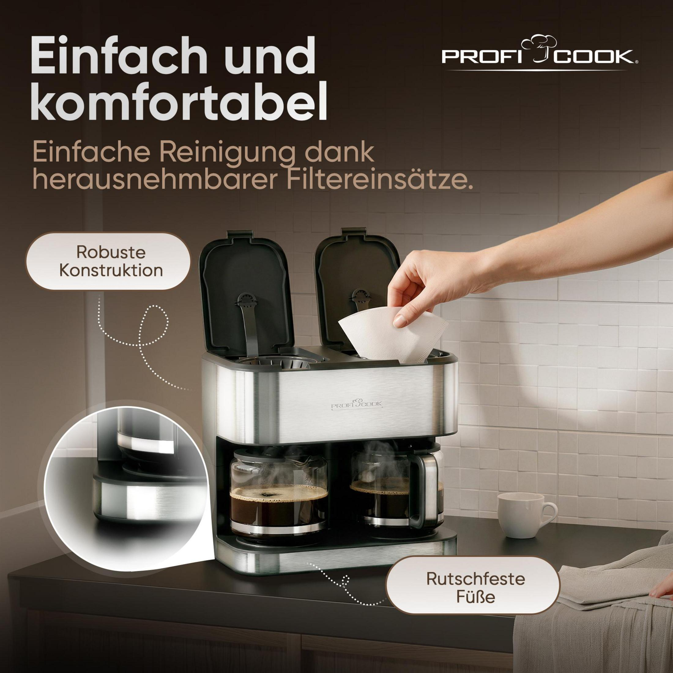 Una mano inserisce un filtro di carta in una macchina da caffè con due caraffe di vetro.