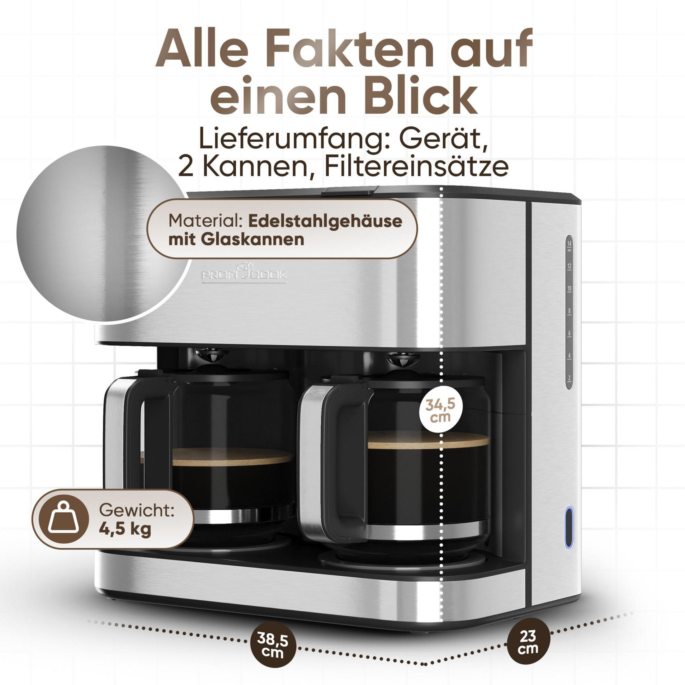 Macchina da caffè con alloggiamento in acciaio inox, 2 caraffe in vetro, peso 4,5kg, H:34,5cm, L:38,5cm, P:23cm.