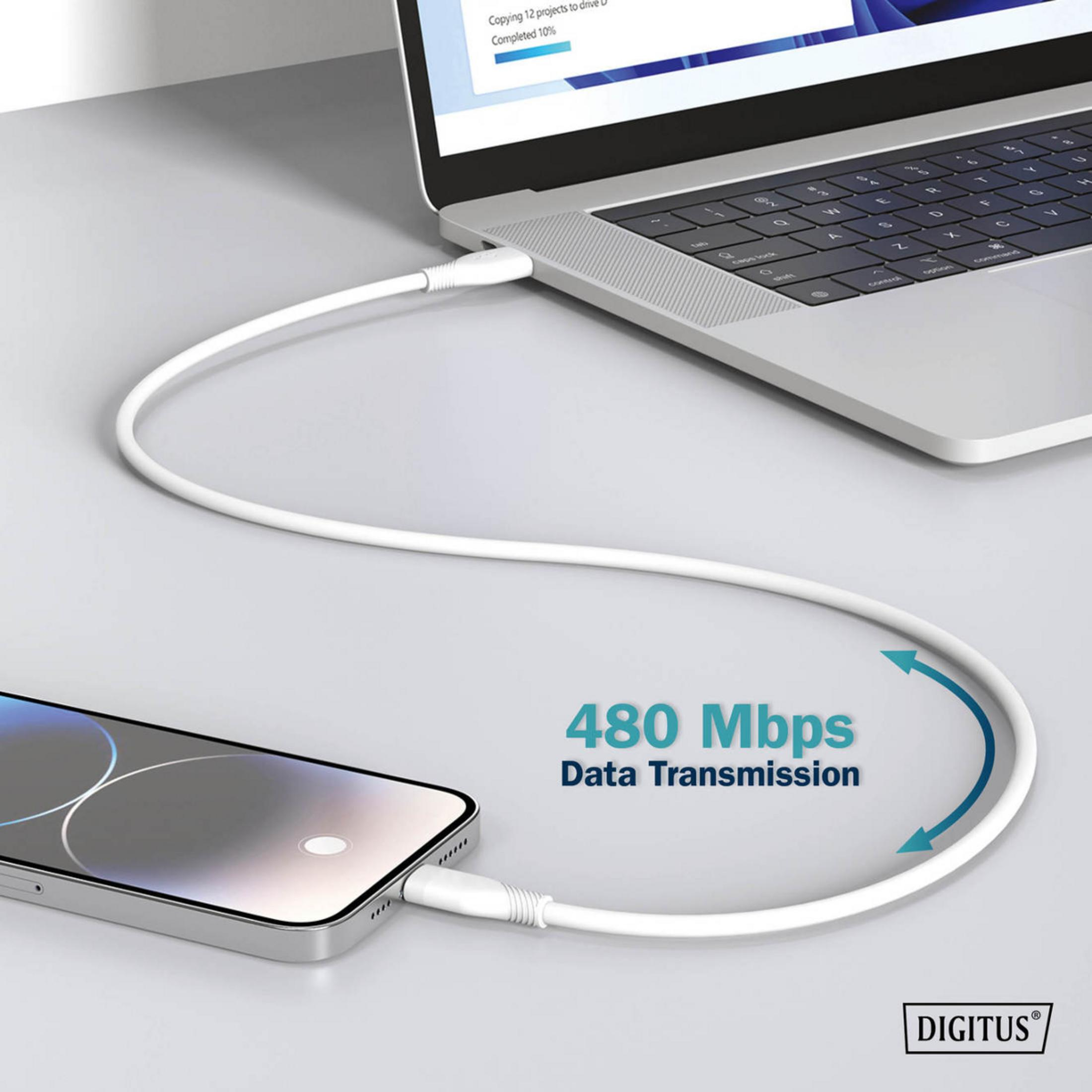 Biały kabel łączy smartfon z laptopem. Transmisja danych 480 Mbps.