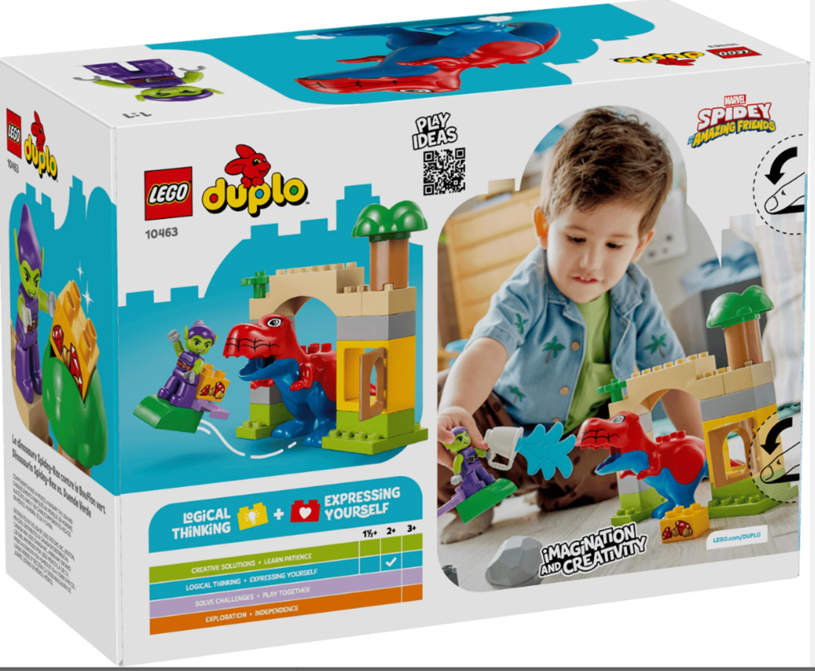 Zestaw LEGO Duplo Spidey z dinozaurem, figurkami i wieżą do zbudowania. Bawi się dziecko.