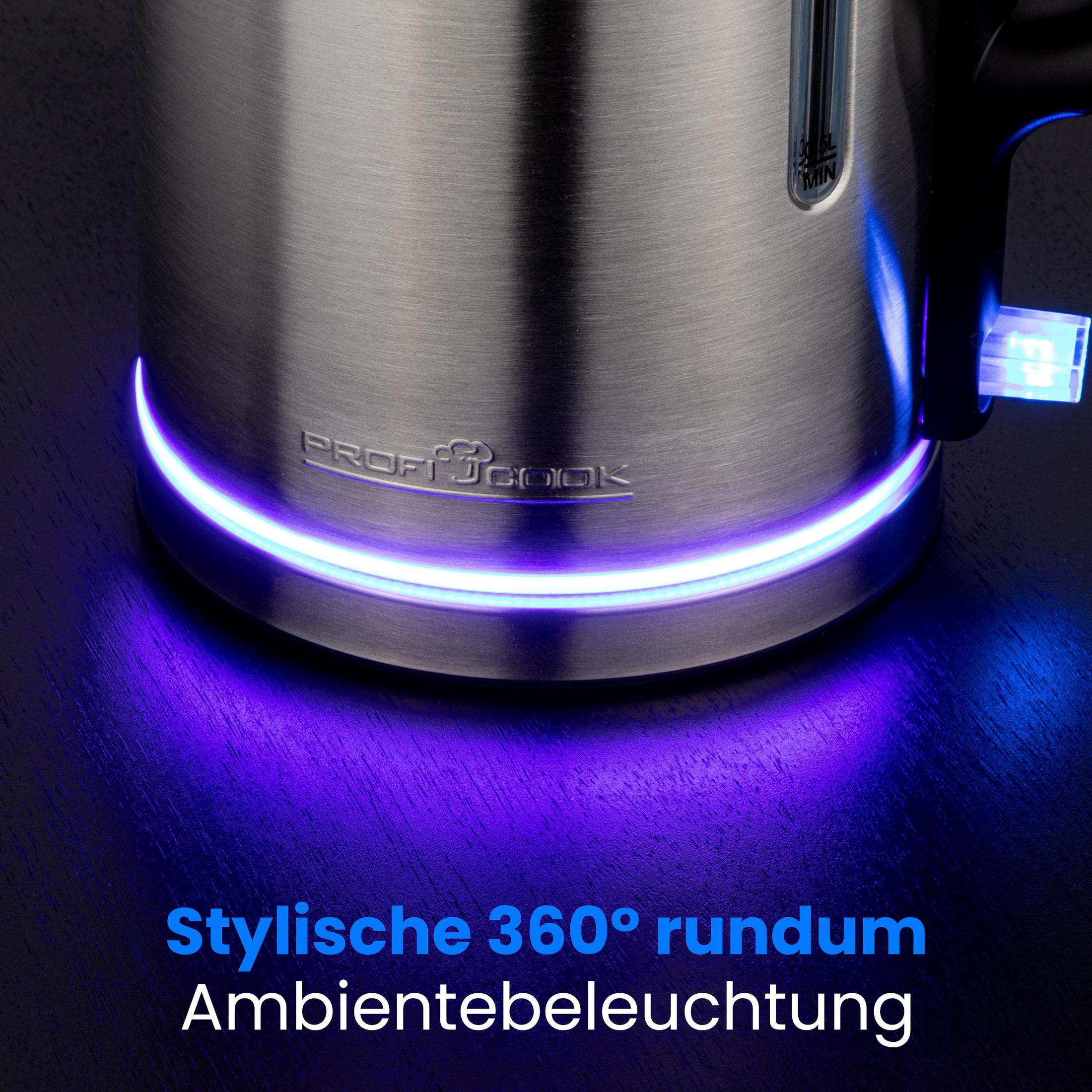 Edelstahl-Wasserkocher mit blauer Ambientebeleuchtung unten.