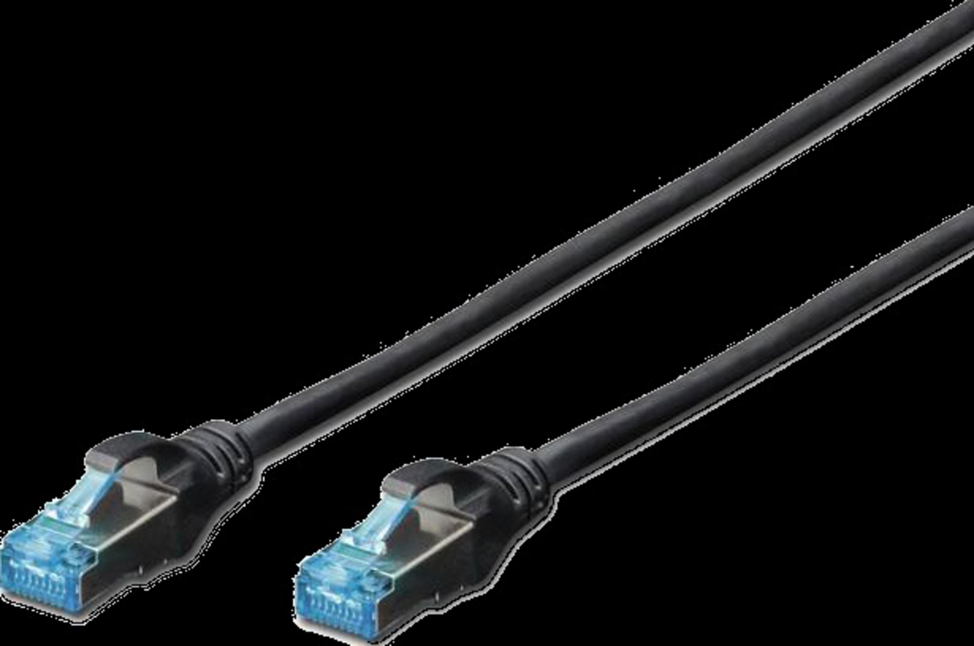 Due cavi di rete neri con connettori blu su sfondo nero.