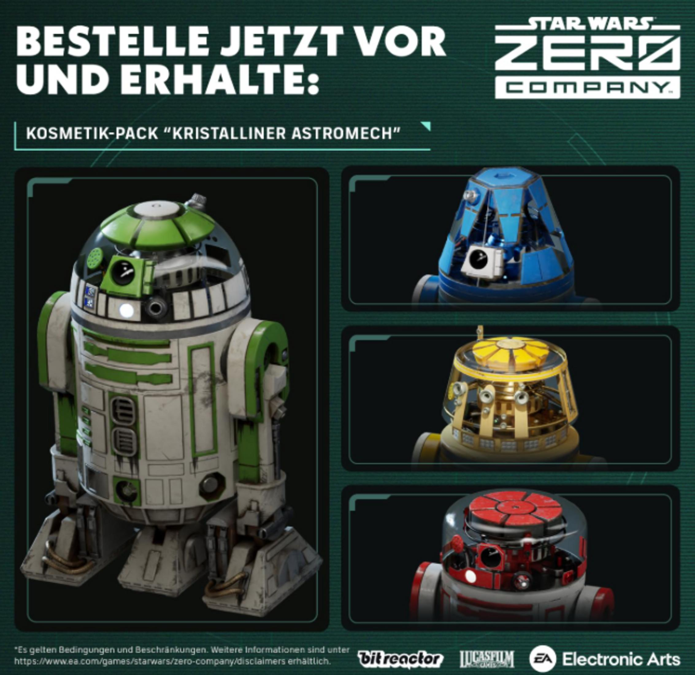 Drei Astromech-Droiden in Blau, Gelb und Rot neben einem grünen Droiden.