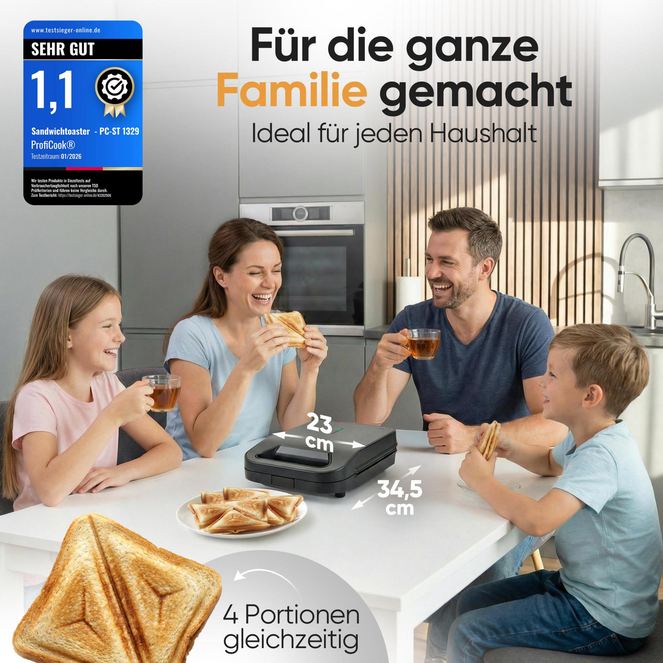 La famiglia si gode il toast. Una piastra per sandwich è sul tavolo. Dimensioni 23x34,5cm.