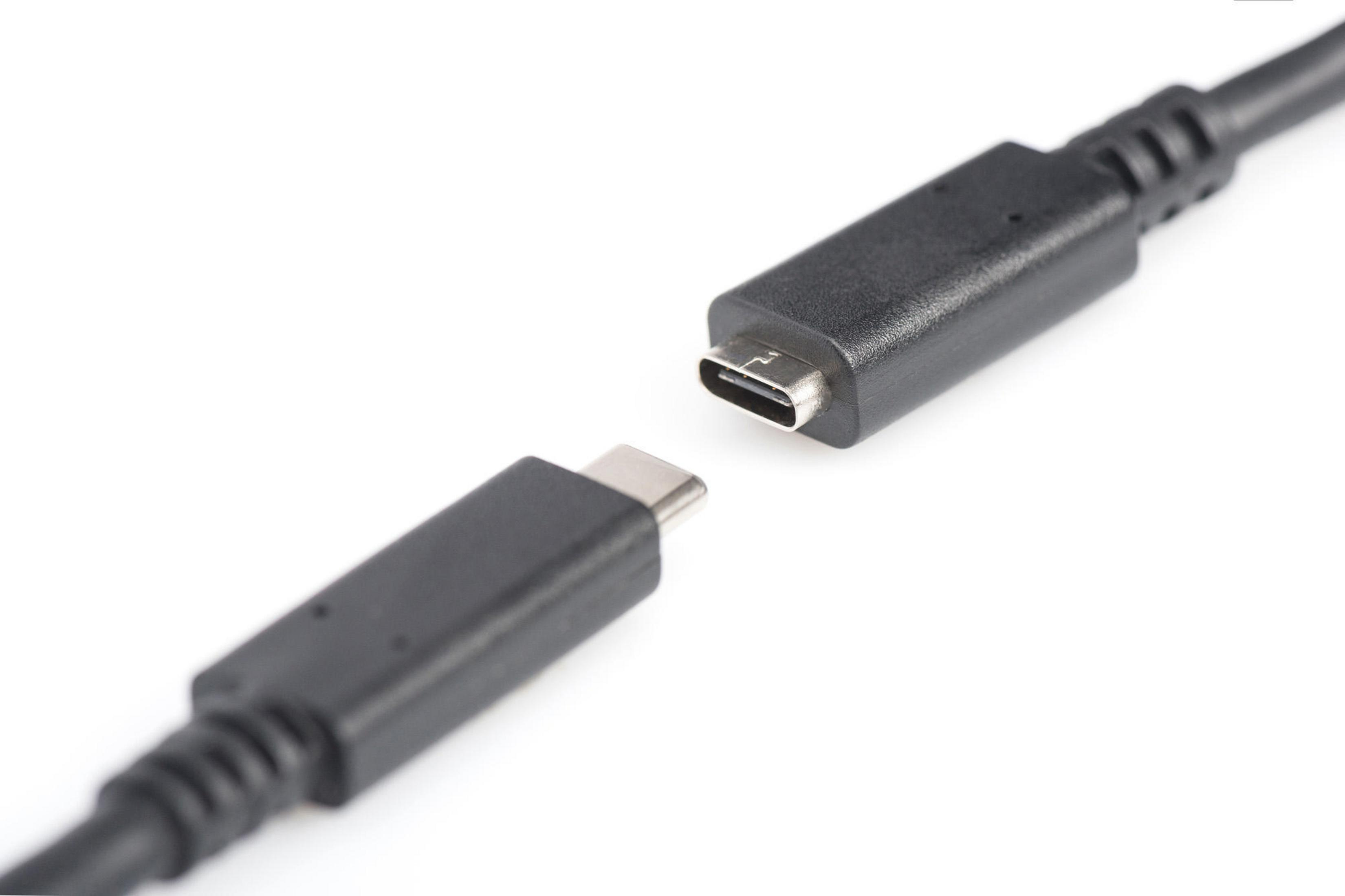 Due connettori di cavo USB-C neri uno di fronte all'altro su bianco.