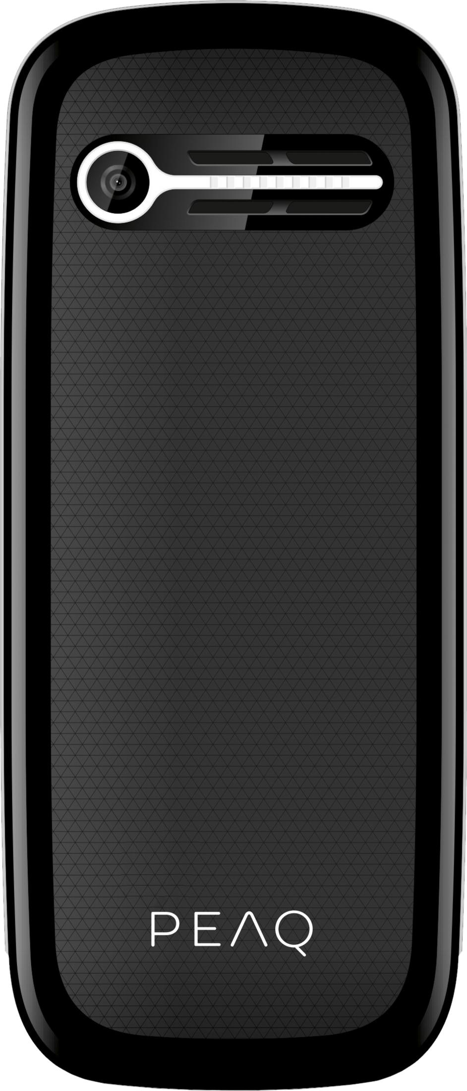 Schwarzes Handy mit Kamera und Blitz oben. PEAQ-Logo unten.