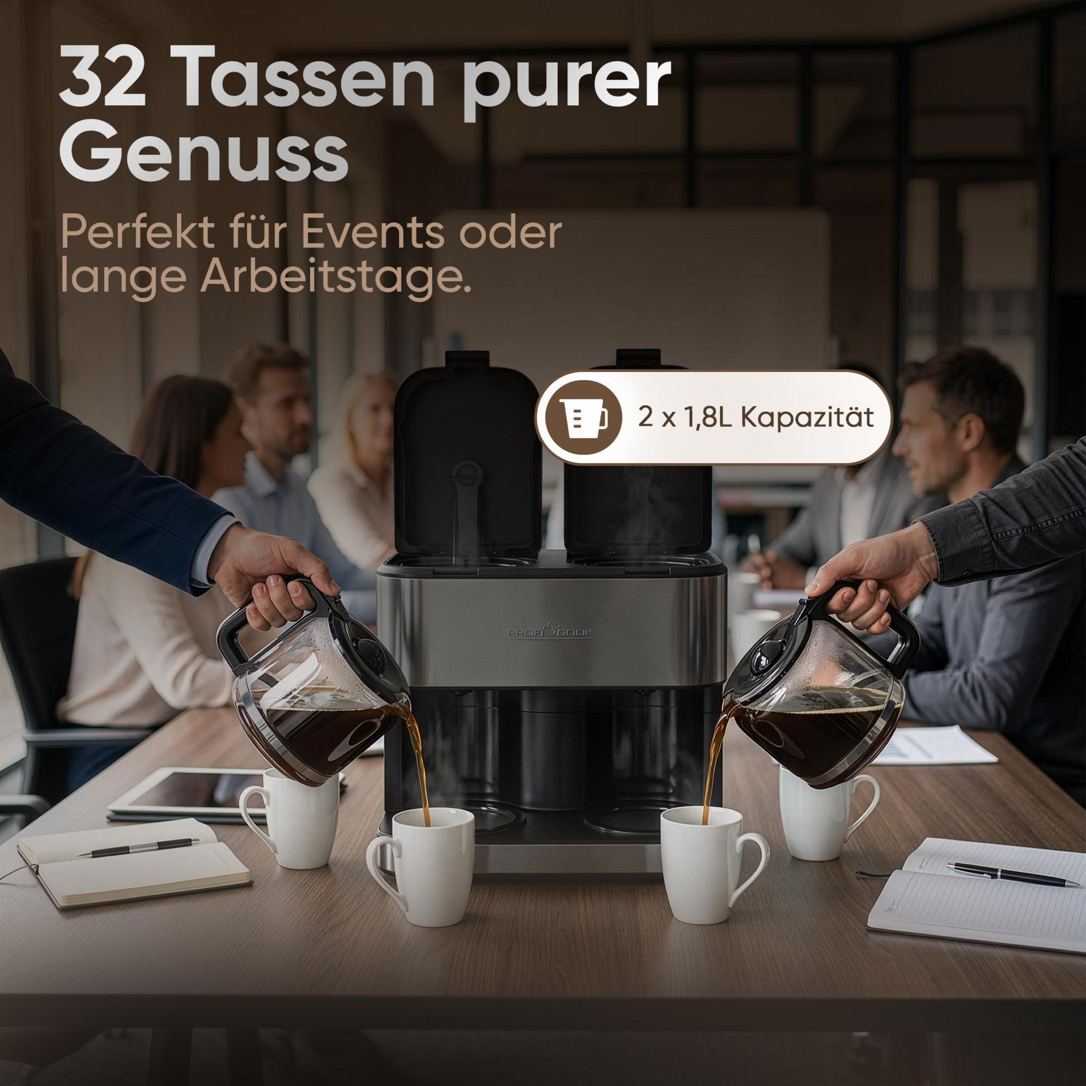 Zwei Kaffeemaschinen mit je 1,8L Kapazität, servieren Kaffee an einem Bürotisch.