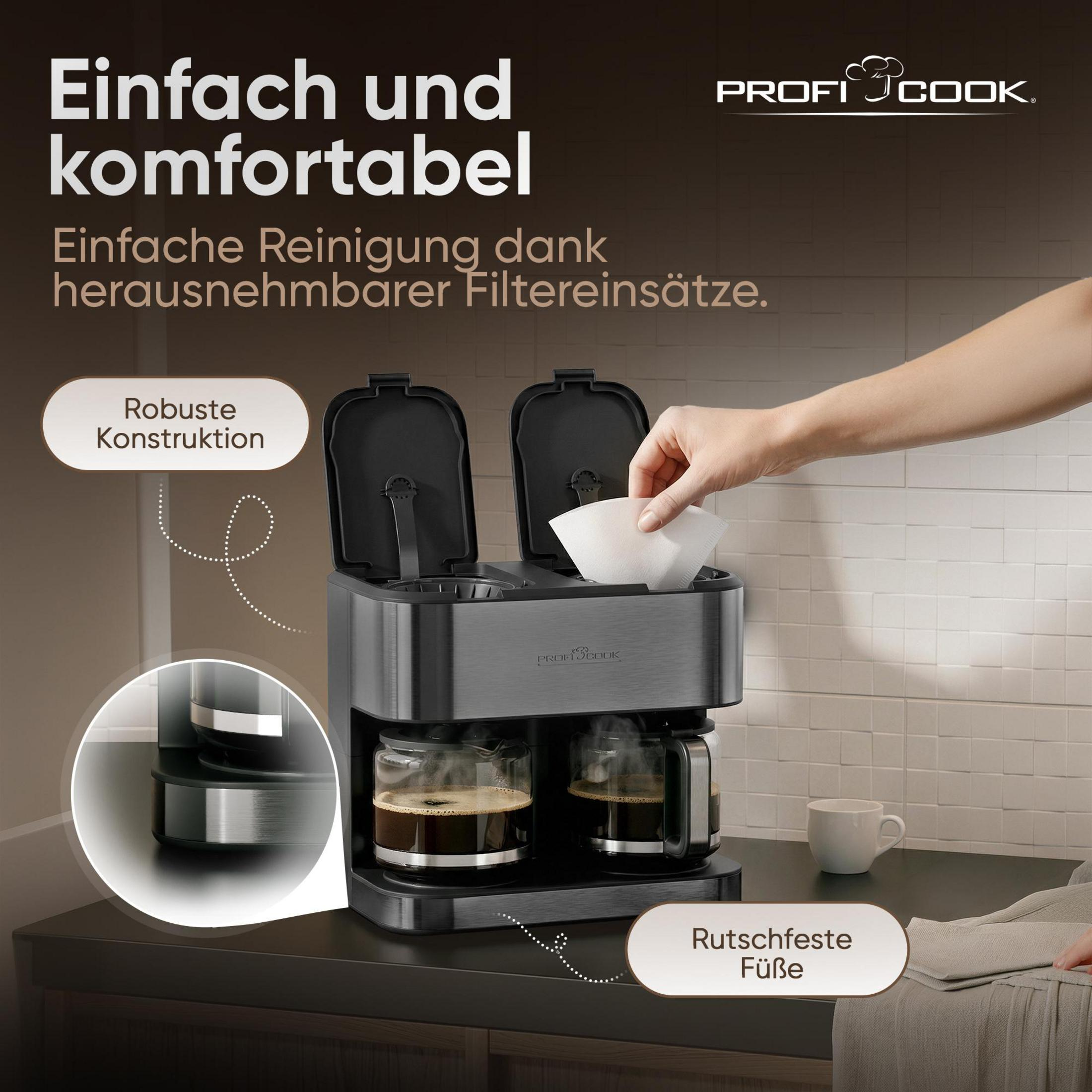 Kaffeemaschine mit zwei Glaskaraffen, wobei eine Hand einen Papierfilter einlegt.