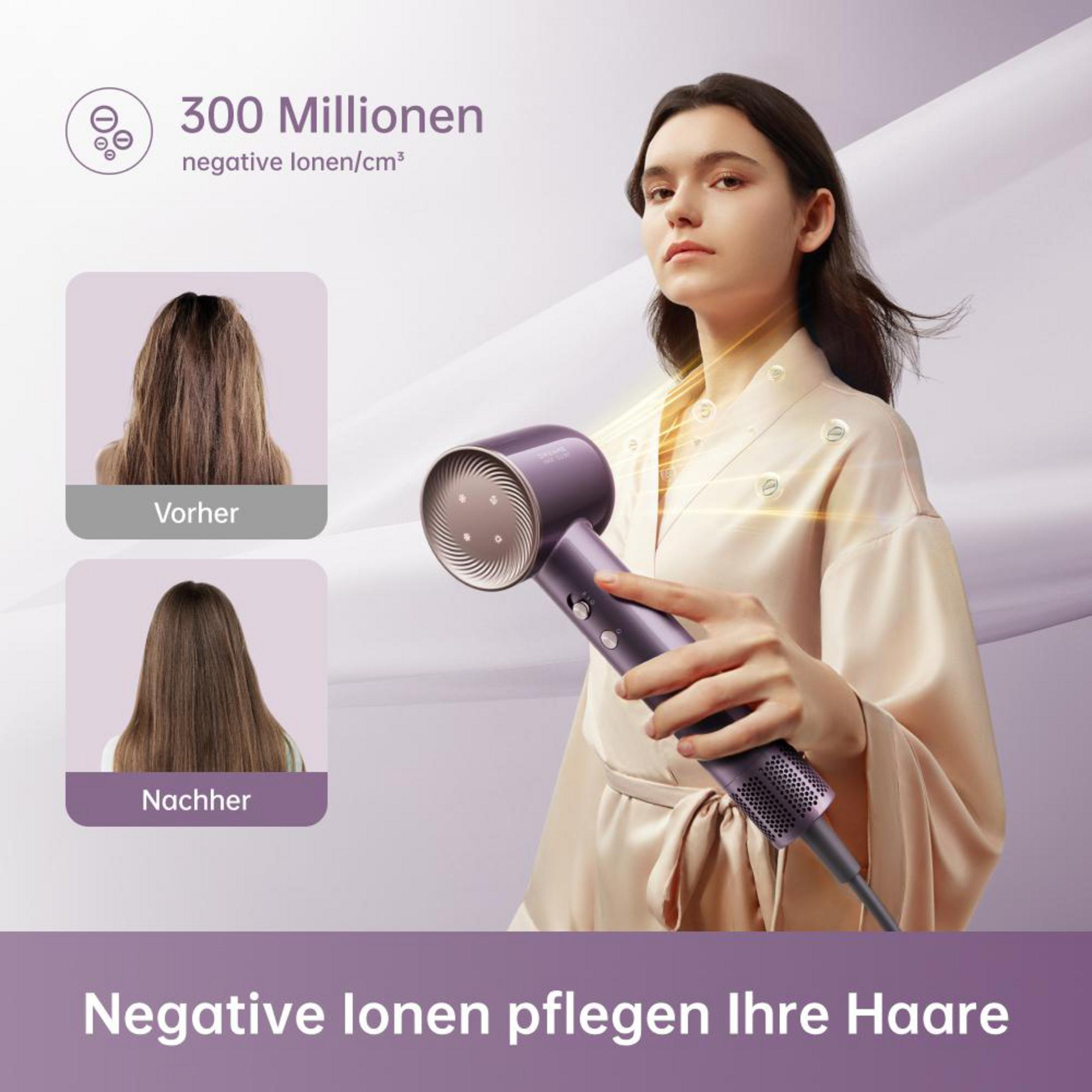 Mujer sujetando un secador de pelo morado. Imágenes de antes y después del cabello.