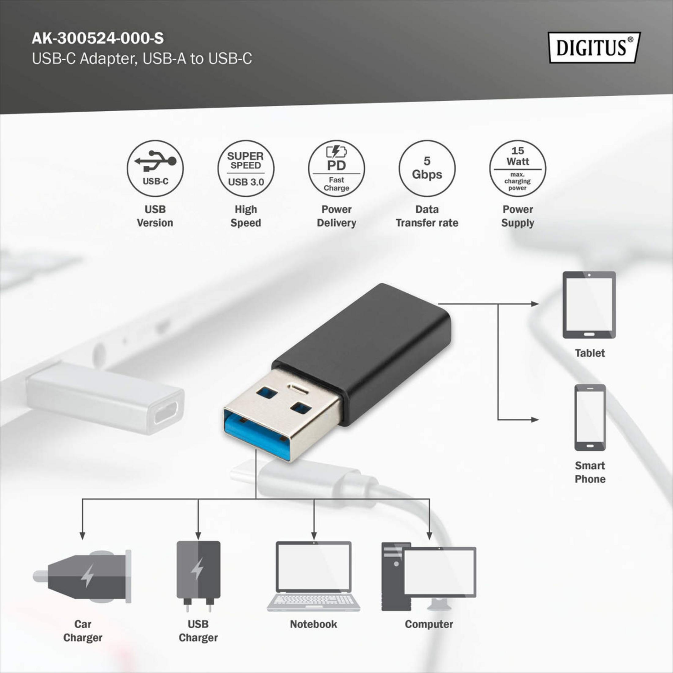 DIGITUS USB-C adaptör, USB-A portlu, tablet, telefon, bilgisayara bağlanır.