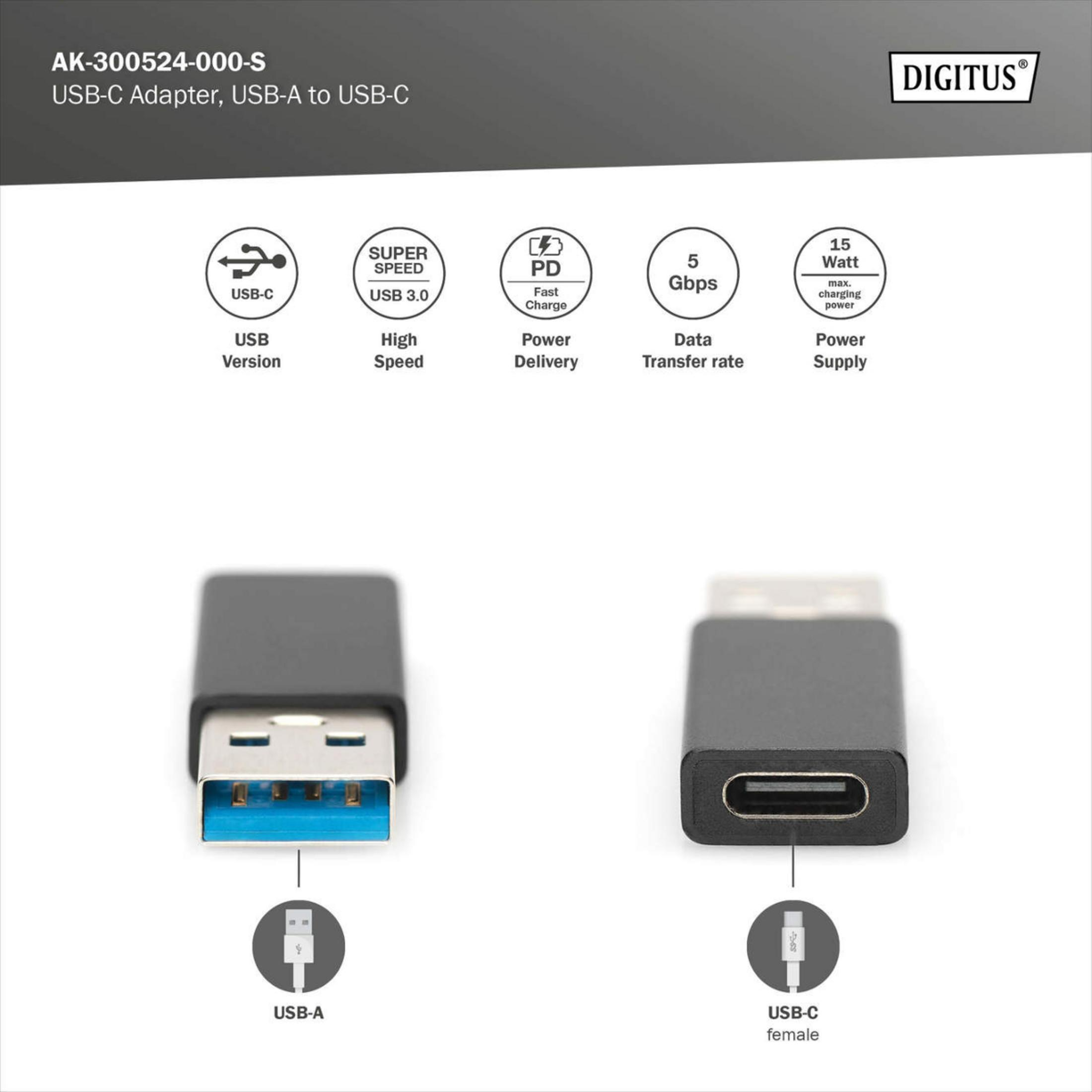 USB-A ve USB-C dişi portlu USB-C adaptör. USB 3.0, PD, 5 Gbps gibi özellikleri gösterir.