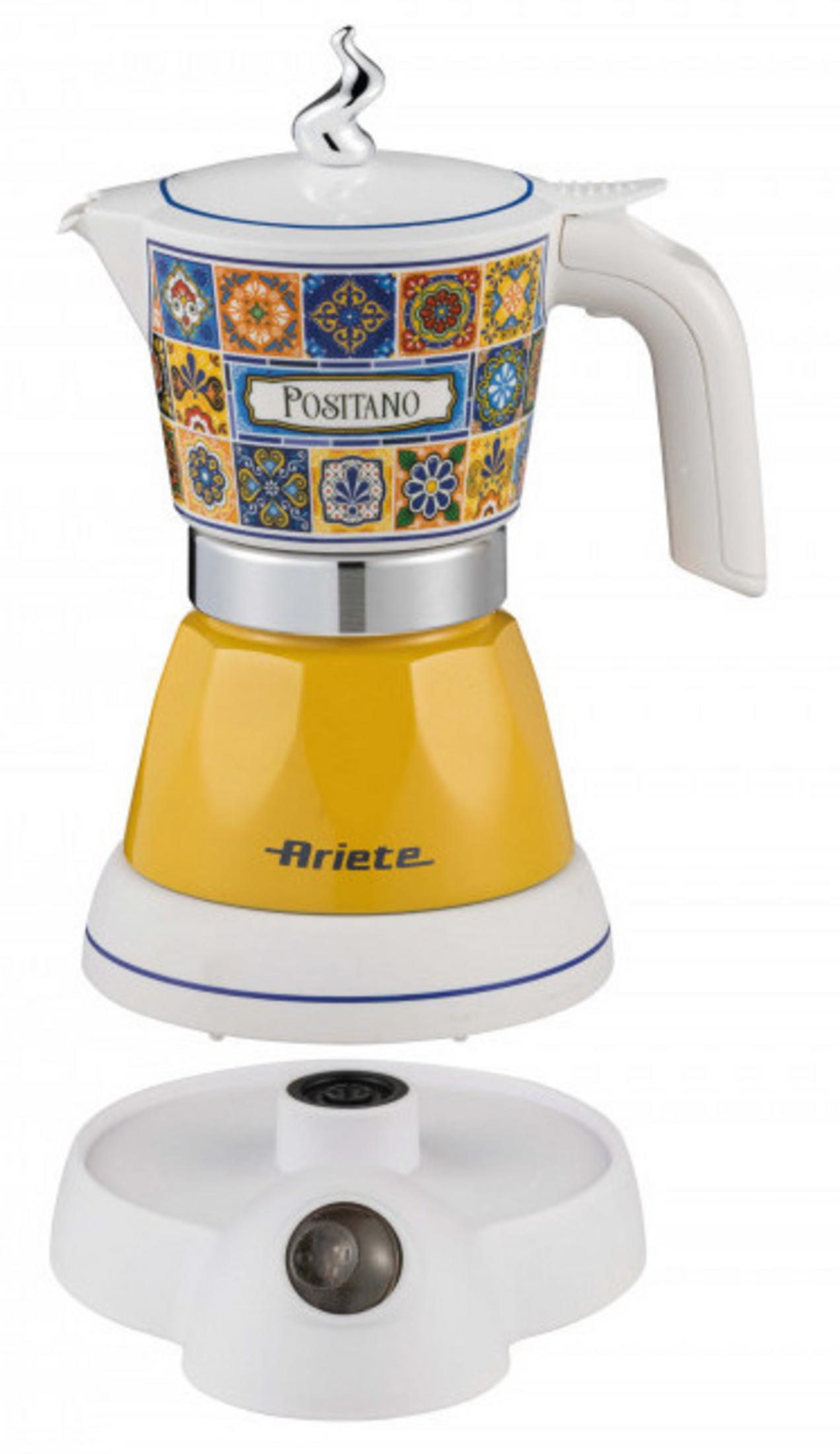 Eine gelbe Kaffeemaschine mit Fliesenmuster und dem Schriftzug "Positano".