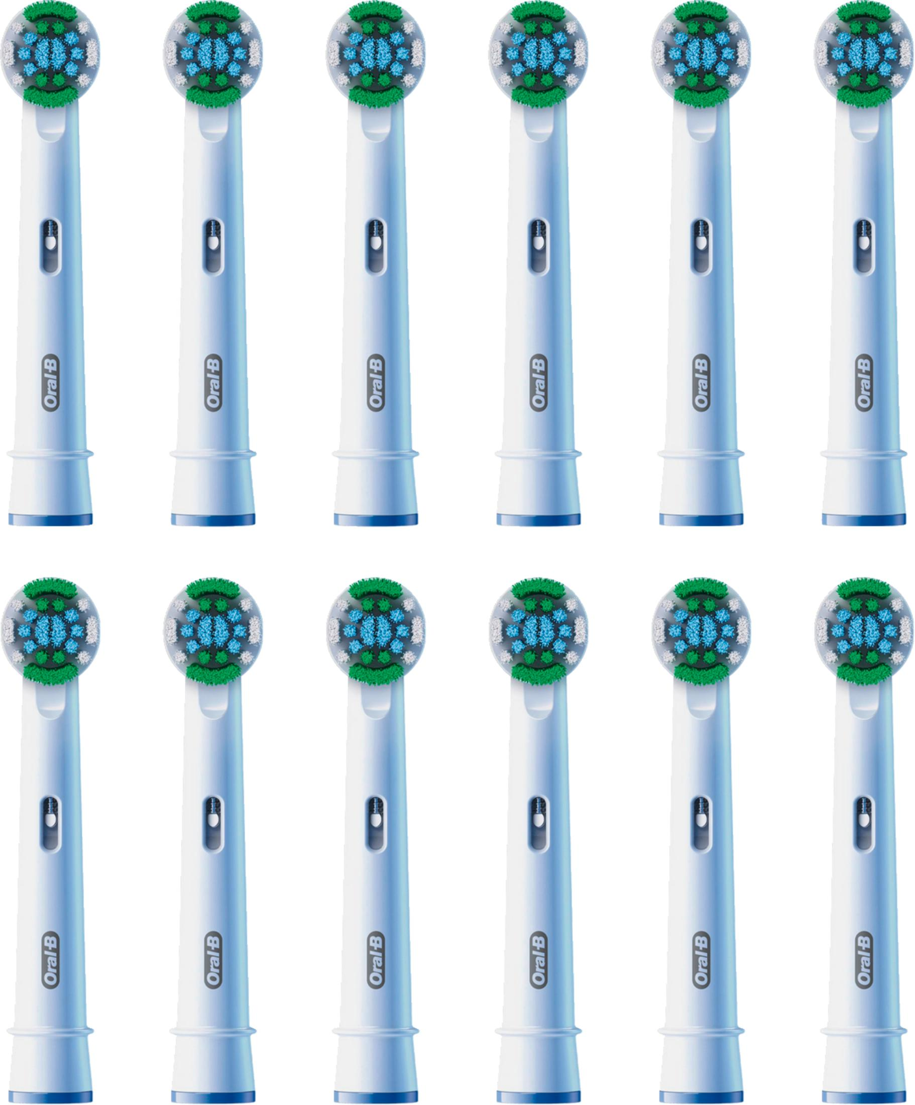 Doce cabezales de cepillo de dientes Oral-B con cerdas azules y verdes en mangos blancos.