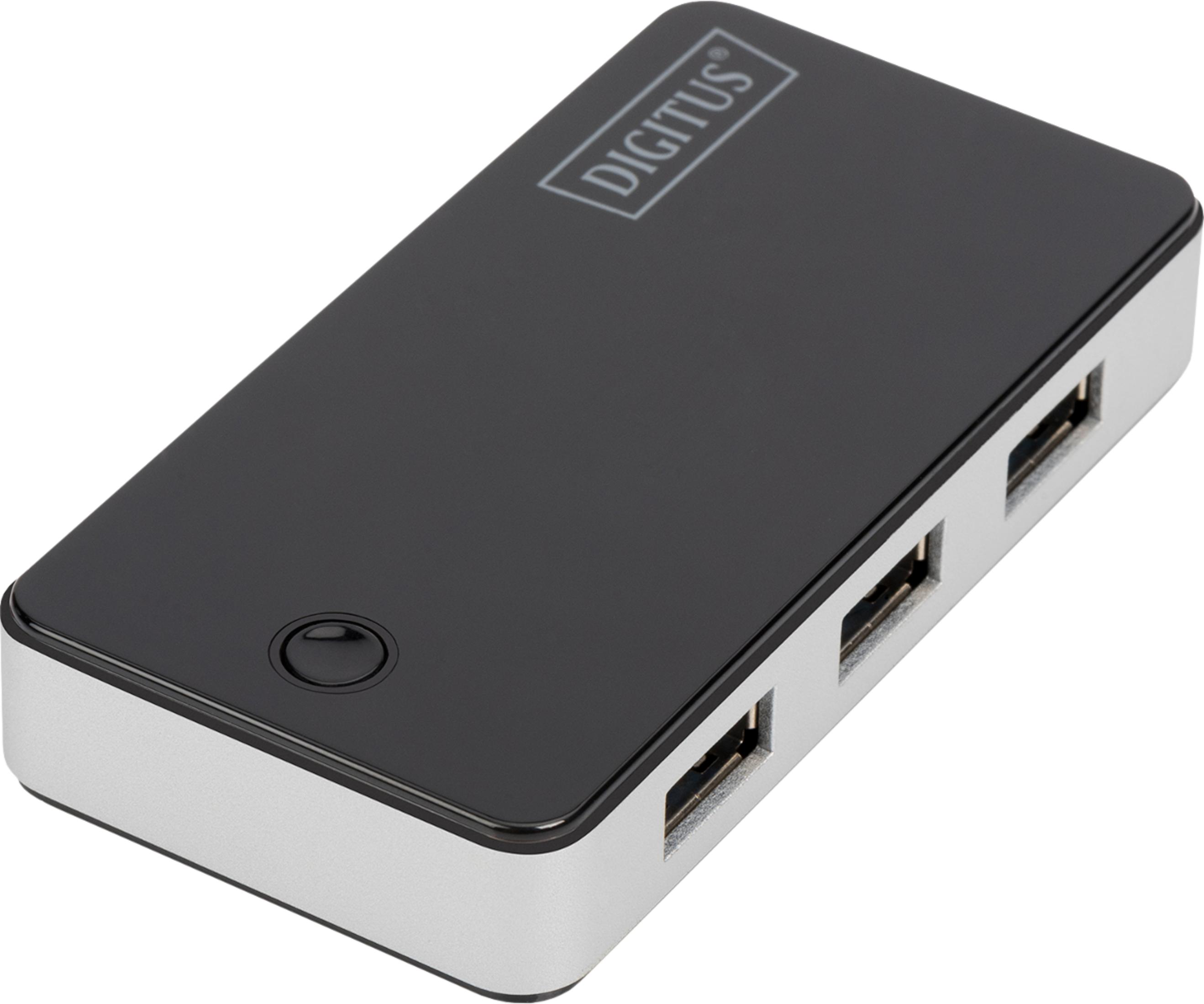 Ein schwarzer USB-Hub mit vier Anschlüssen und einem silbernen Gehäuse.