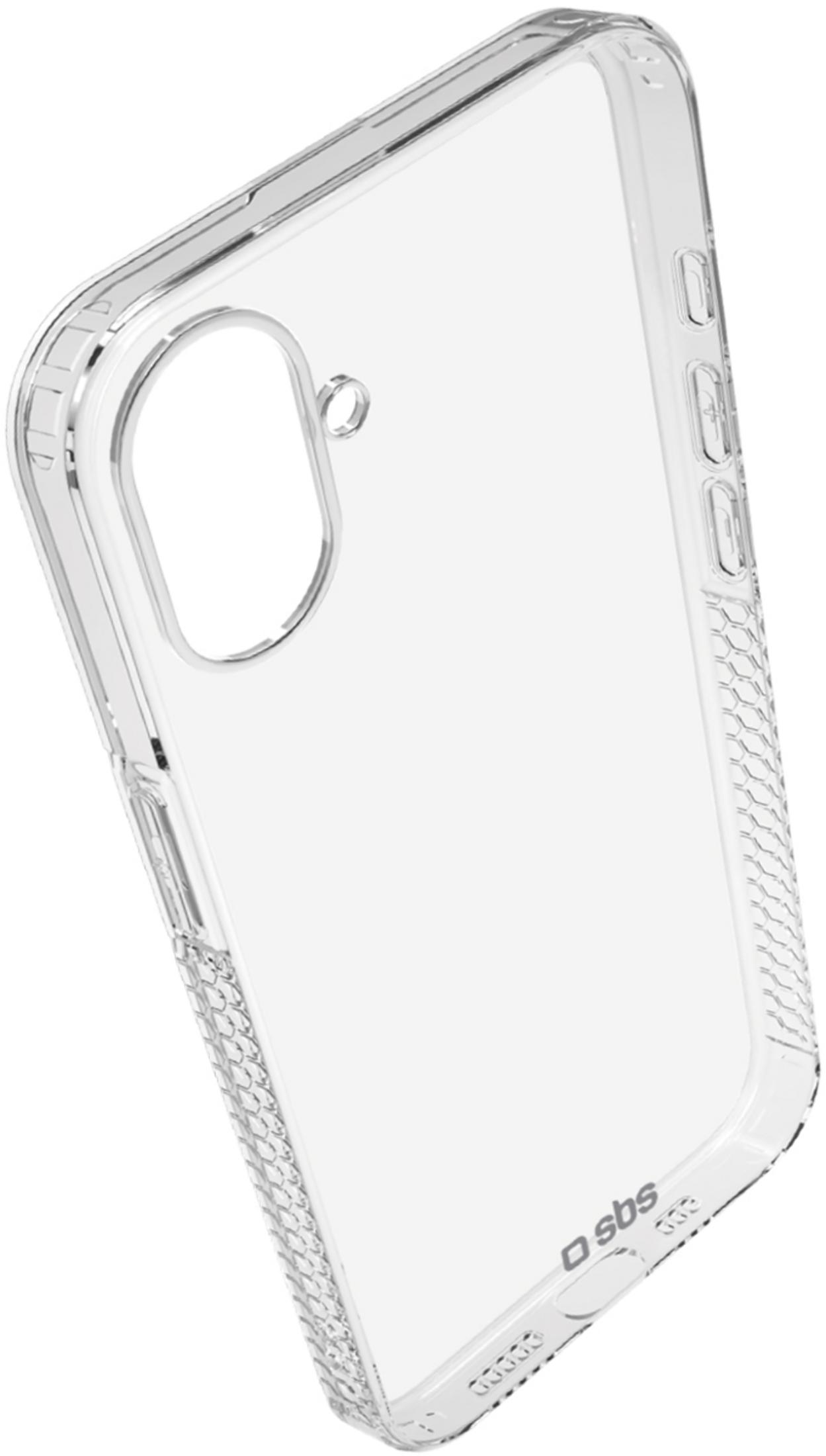 Una cover trasparente per telefono con lati testurizzati e logo.