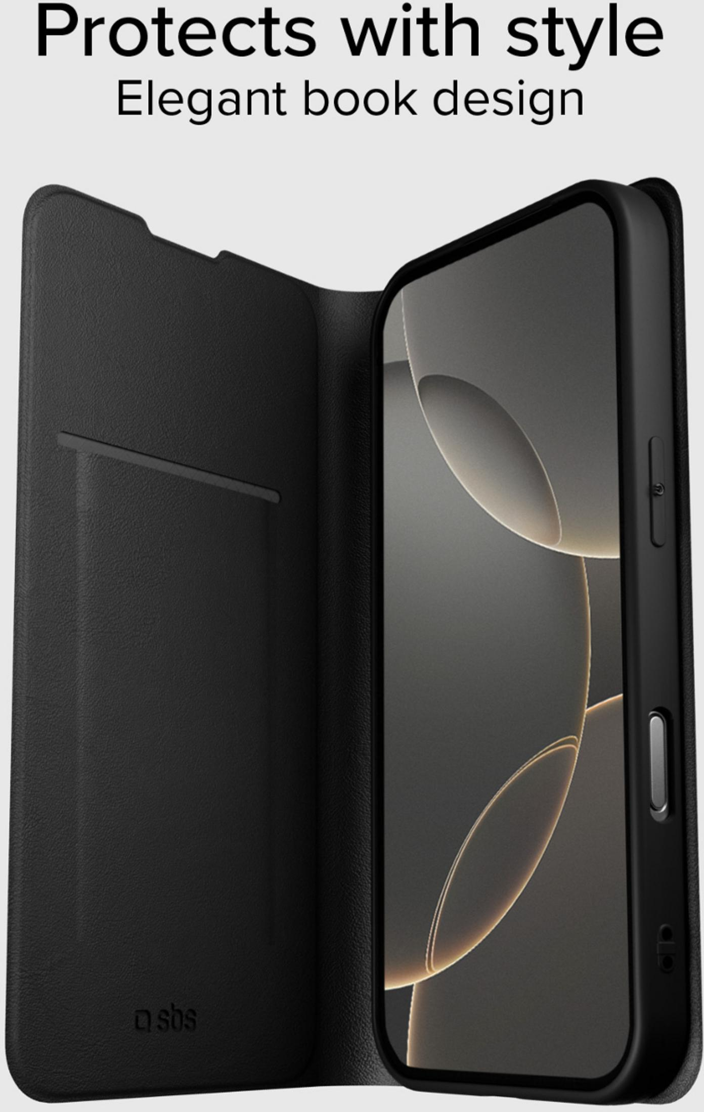 Una funda tipo libro negra con bolsillo interior y un smartphone.