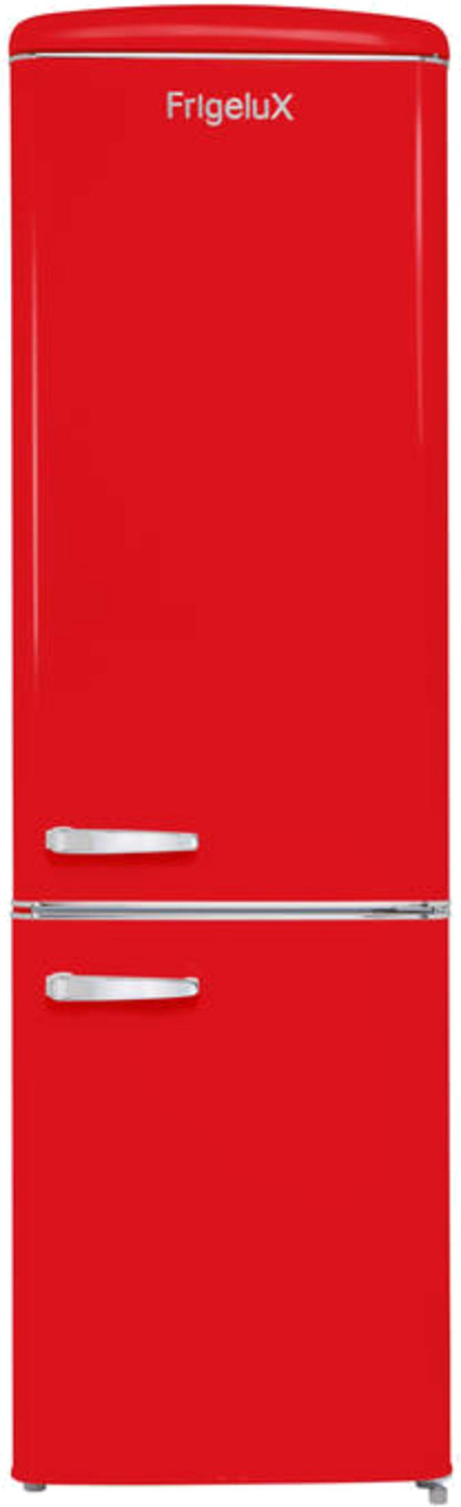 Ein roter Kühlschrank mit silbernen Griffen und dem Namen FrigeluX.