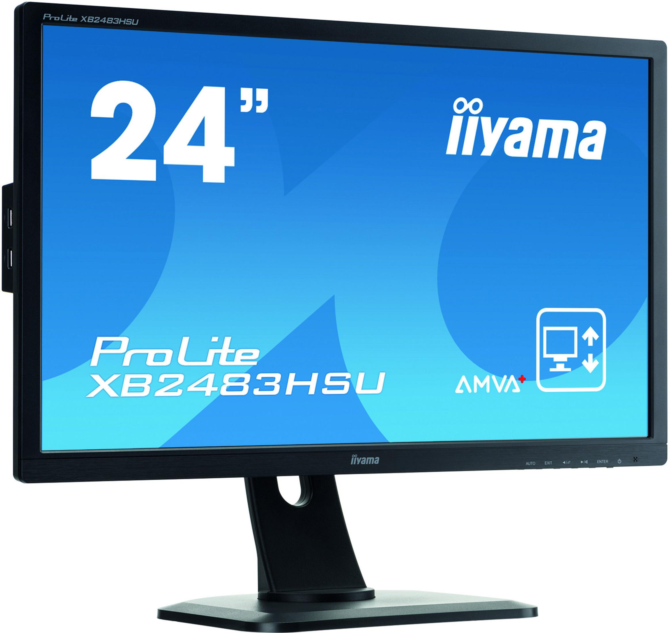 A black 24-inch iiyama monitor with a blue background and model name.