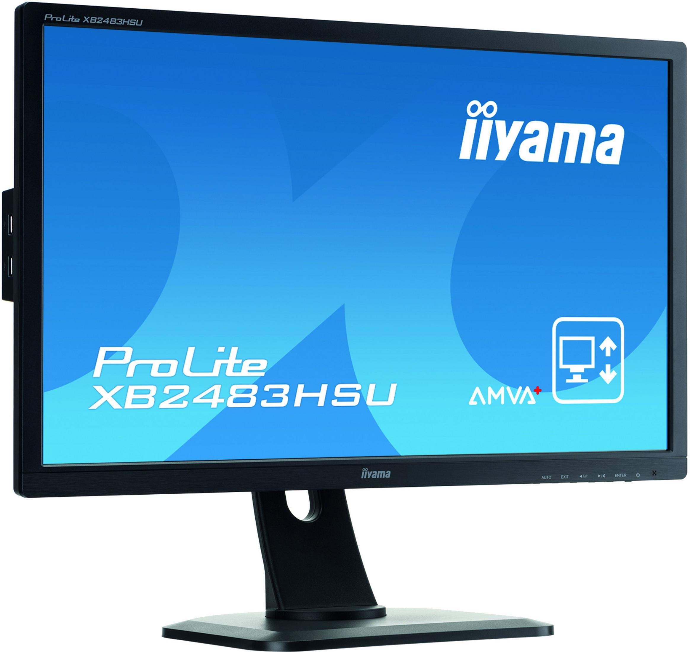 A black iiyama ProLite XB2483HSU monitor on a stand.