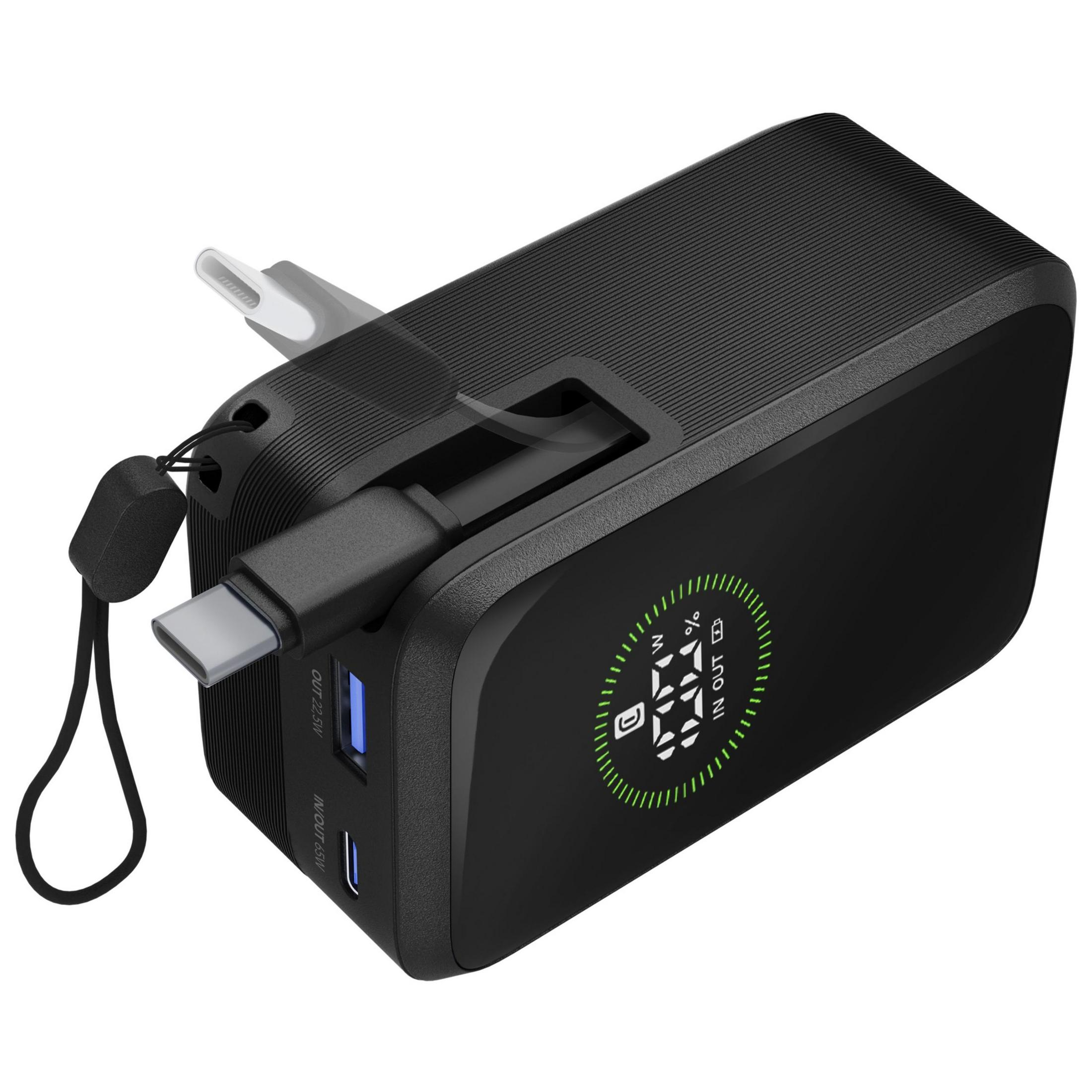 Schwarzes Powerbank mit USB-C-Kabel und Ladeanzeige.